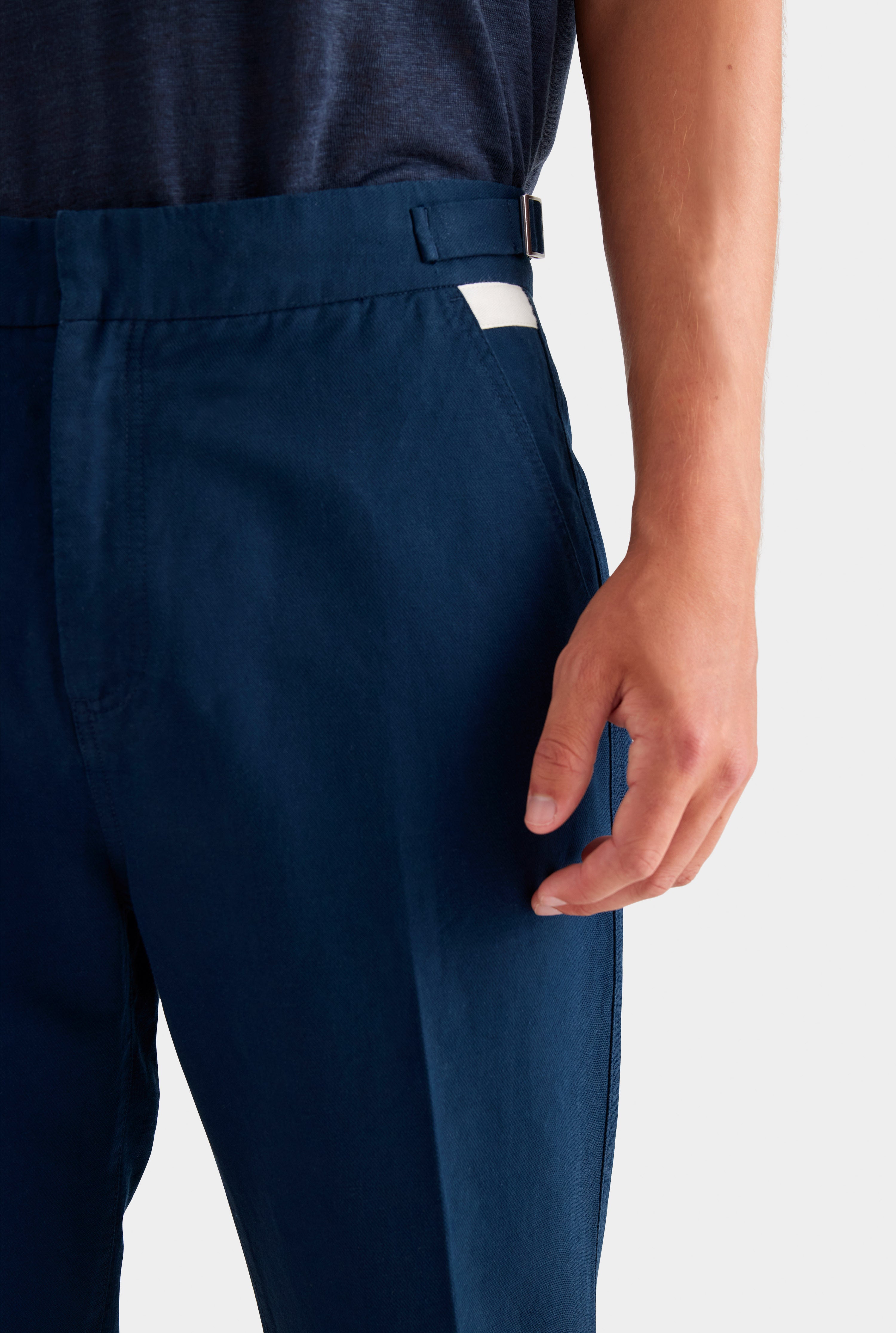 Cotton Linen Twill Side Tab Trouser - Navy/Natural Tape