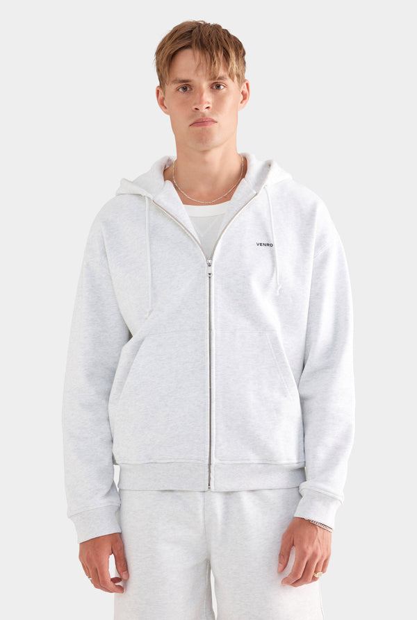 Fleece Track Zip Hoodie - Light Grey Marl