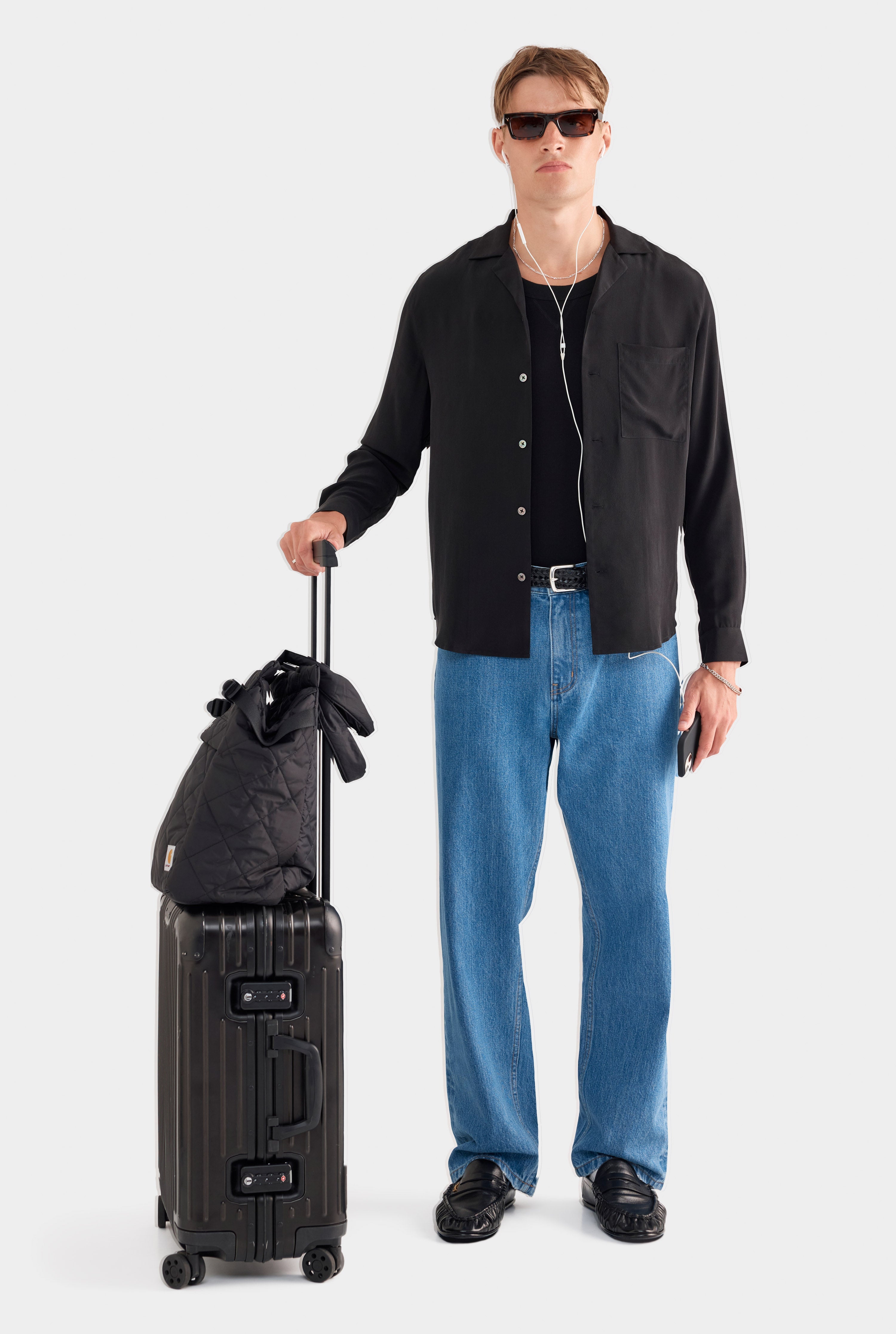 Long Sleeve Silk Camp Collar Shirt - Black