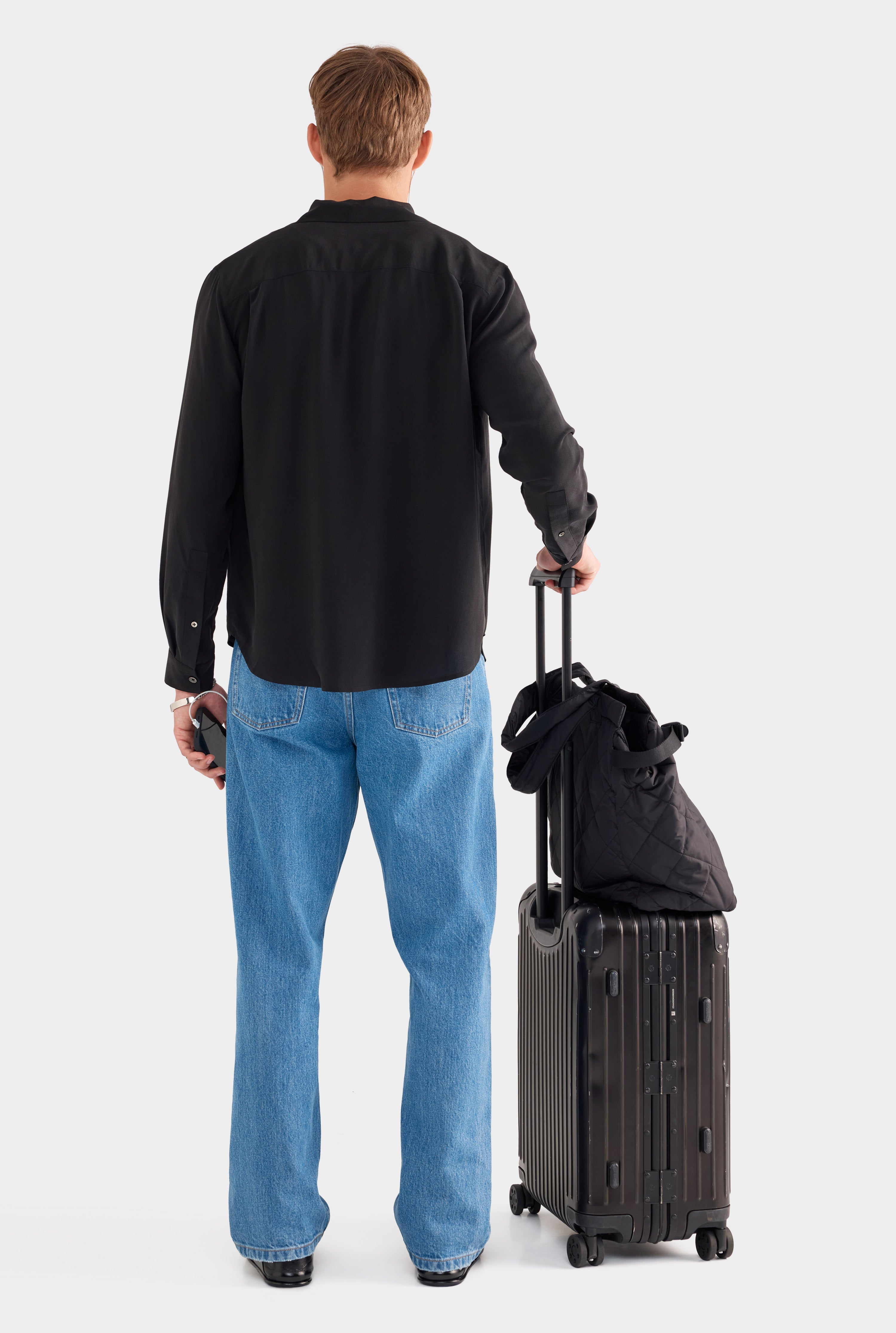 Long Sleeve Silk Camp Collar Shirt - Black