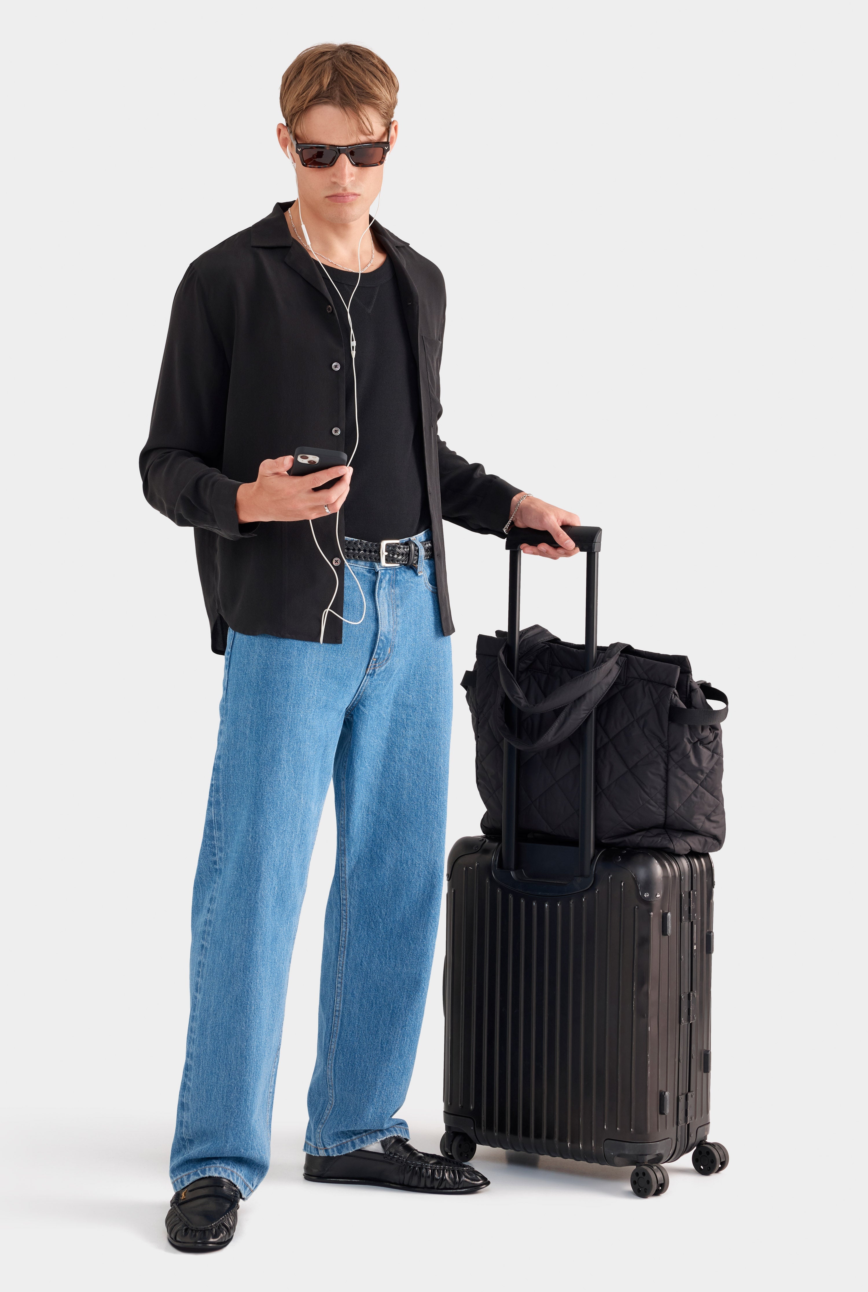 Long Sleeve Silk Camp Collar Shirt - Black