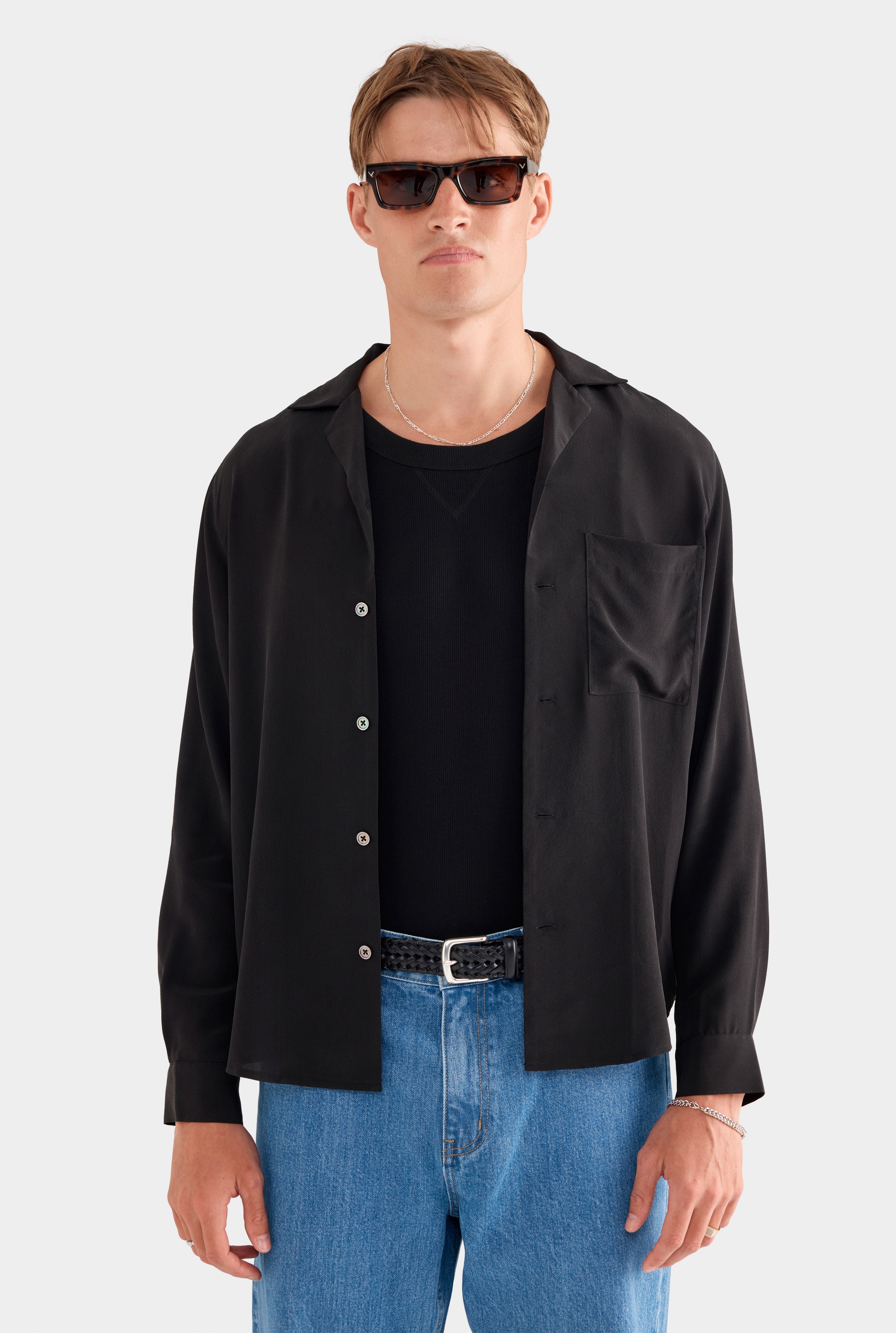 Long Sleeve Silk Camp Collar Shirt - Black