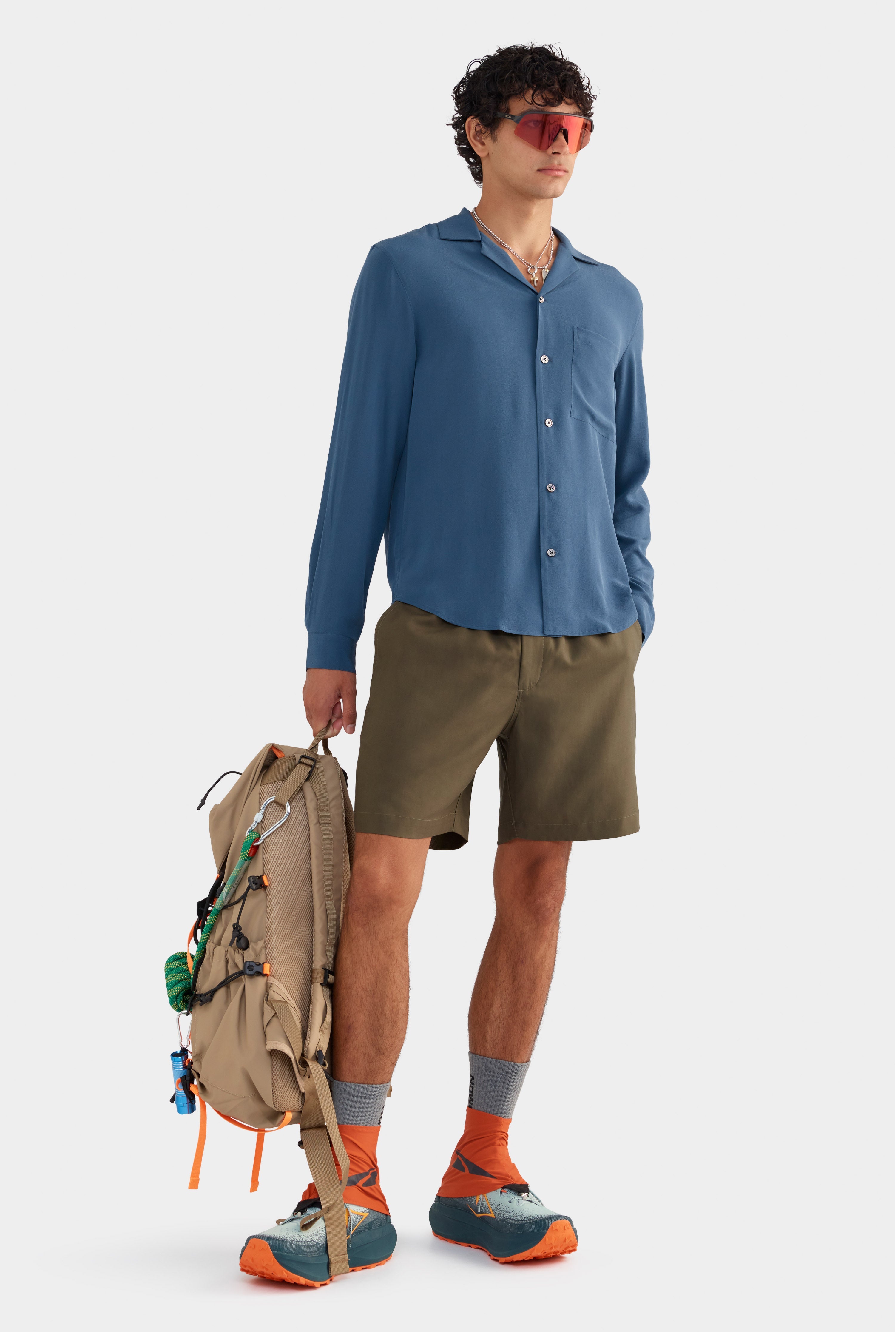 Long Sleeve Silk Camp Collar Shirt - Dark Slate Blue