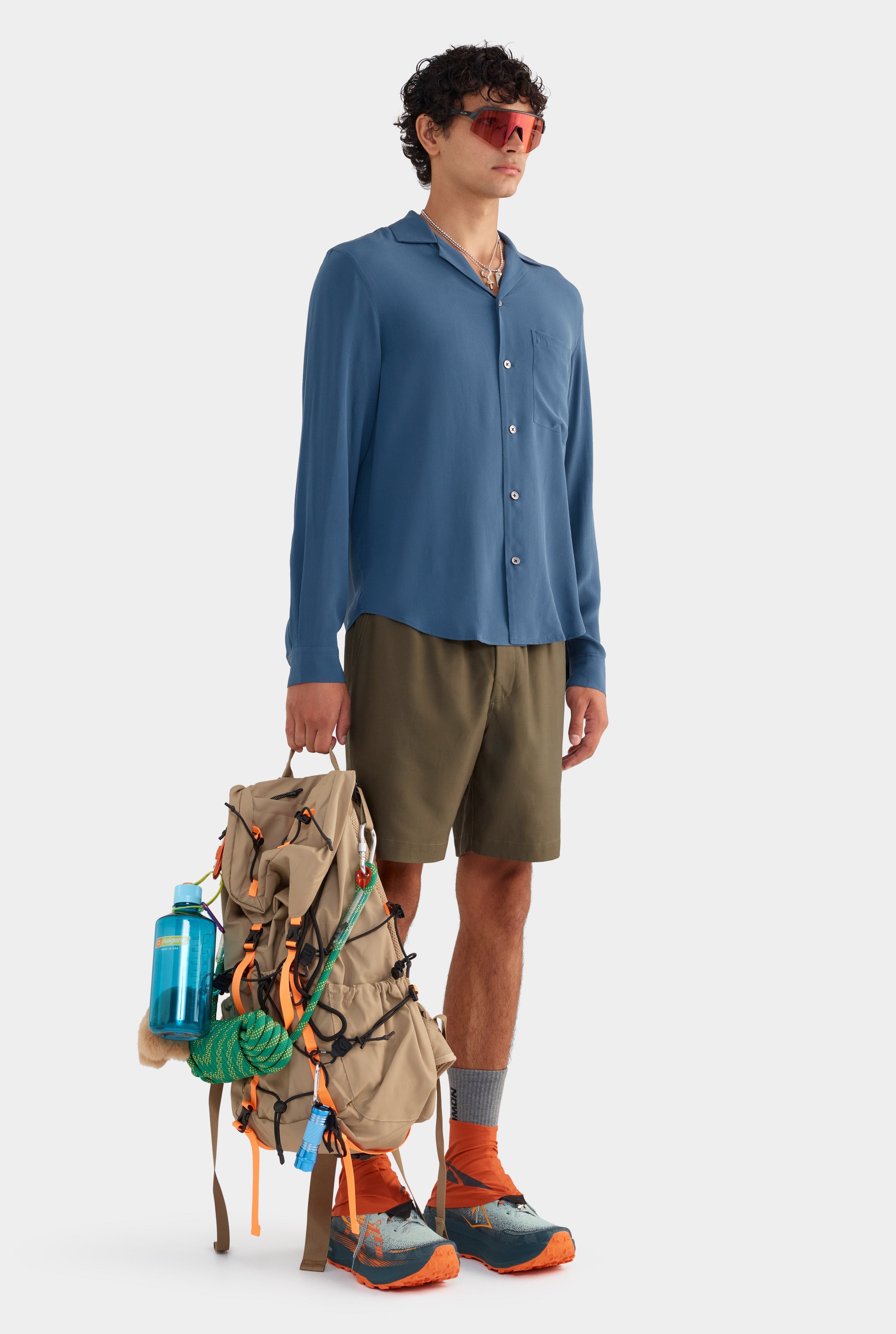 Long Sleeve Silk Camp Collar Shirt - Dark Slate Blue