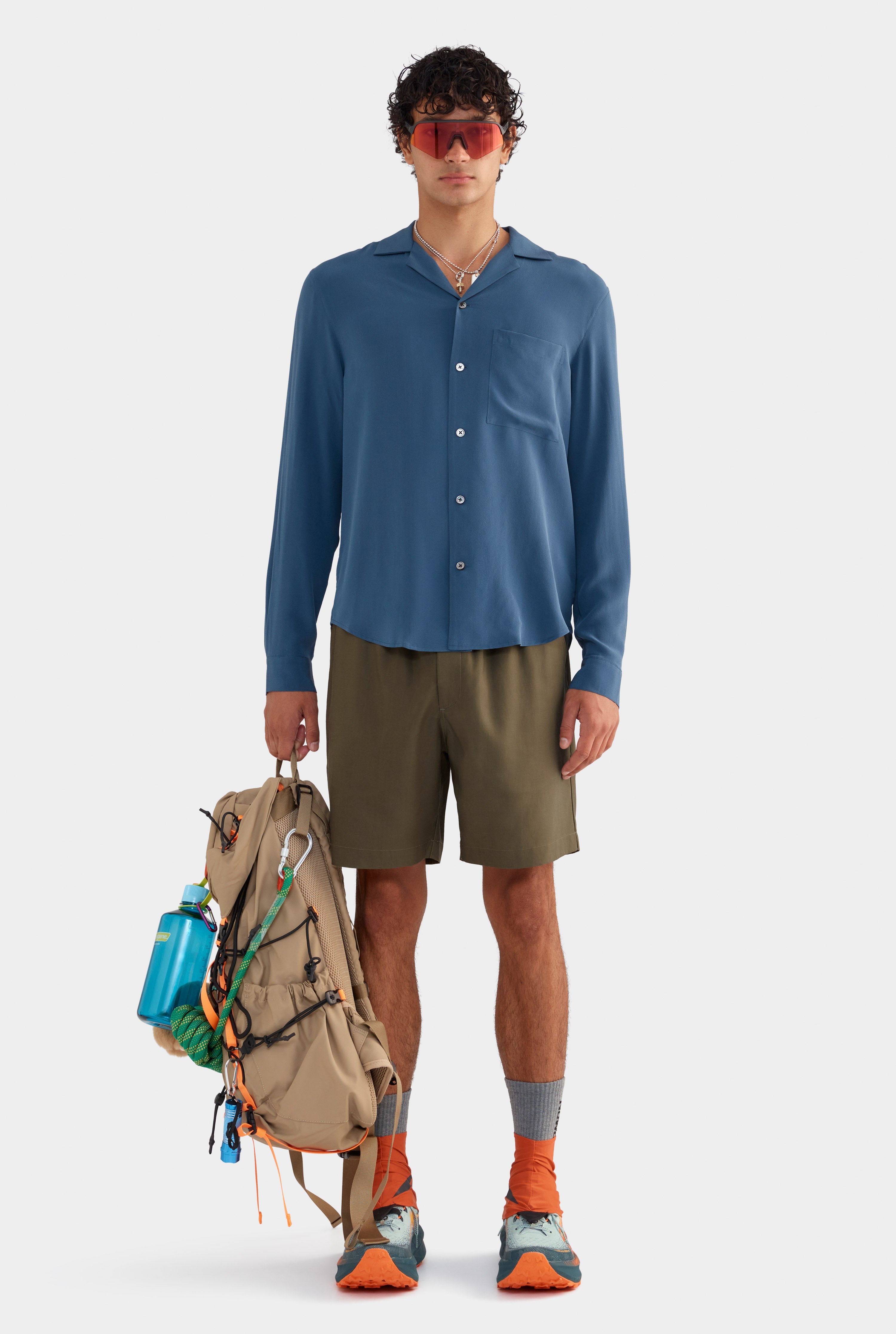 Long Sleeve Silk Camp Collar Shirt - Dark Slate Blue