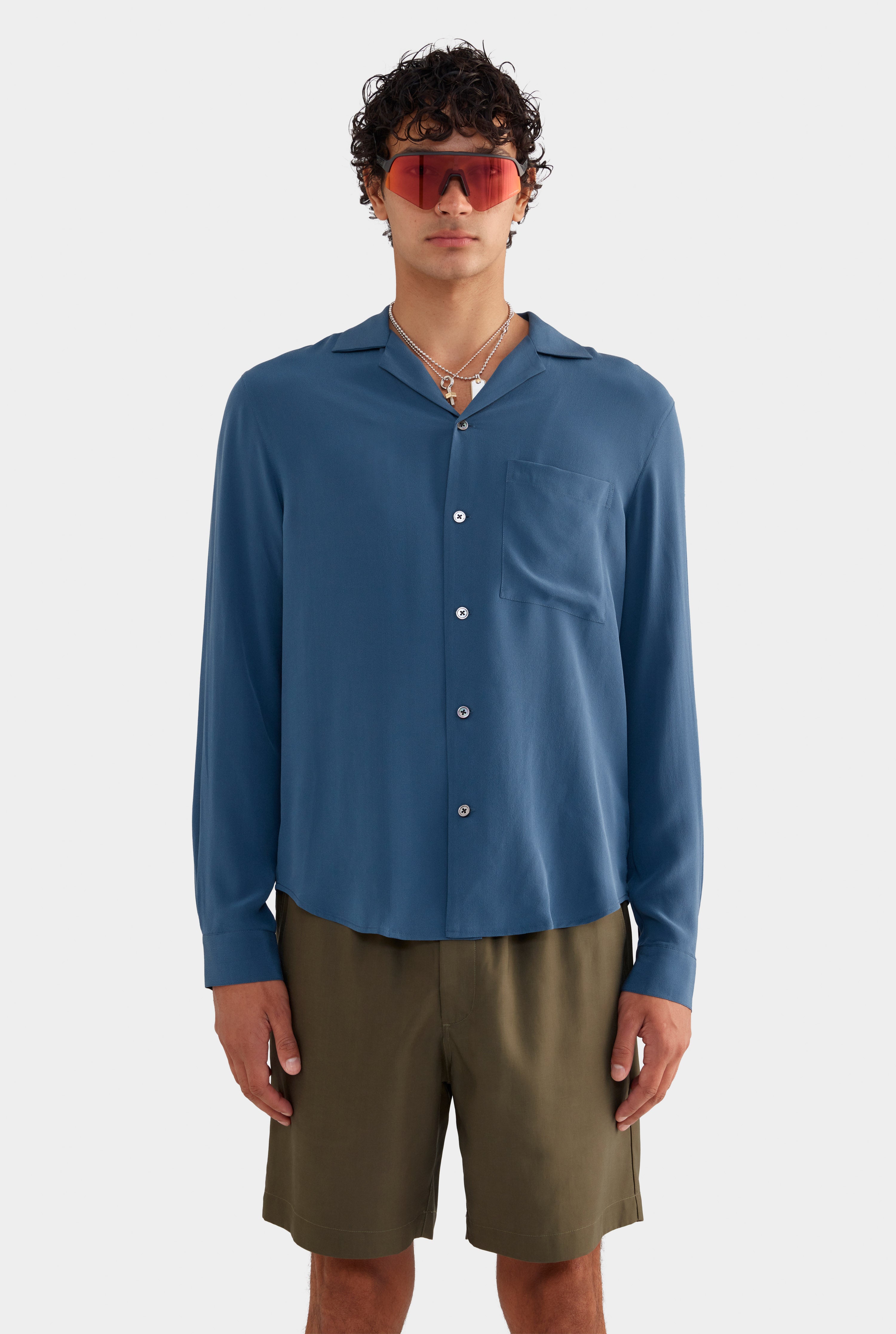 Long Sleeve Silk Camp Collar Shirt - Dark Slate Blue