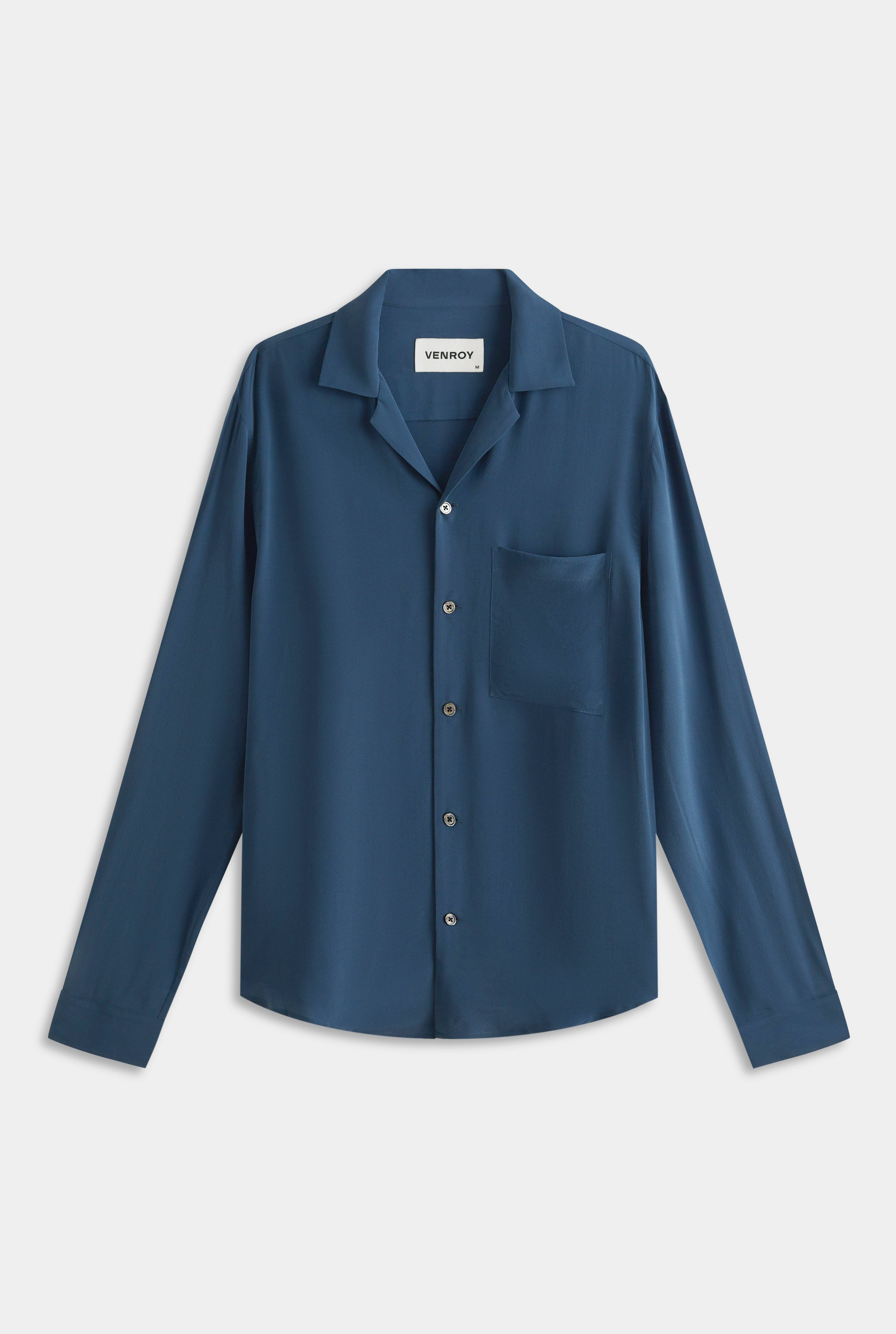 Long Sleeve Silk Camp Collar Shirt - Dark Slate Blue