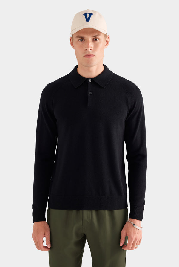 Merino Wool Knit Polo - Black