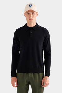 Merino Wool Knit Polo - Black