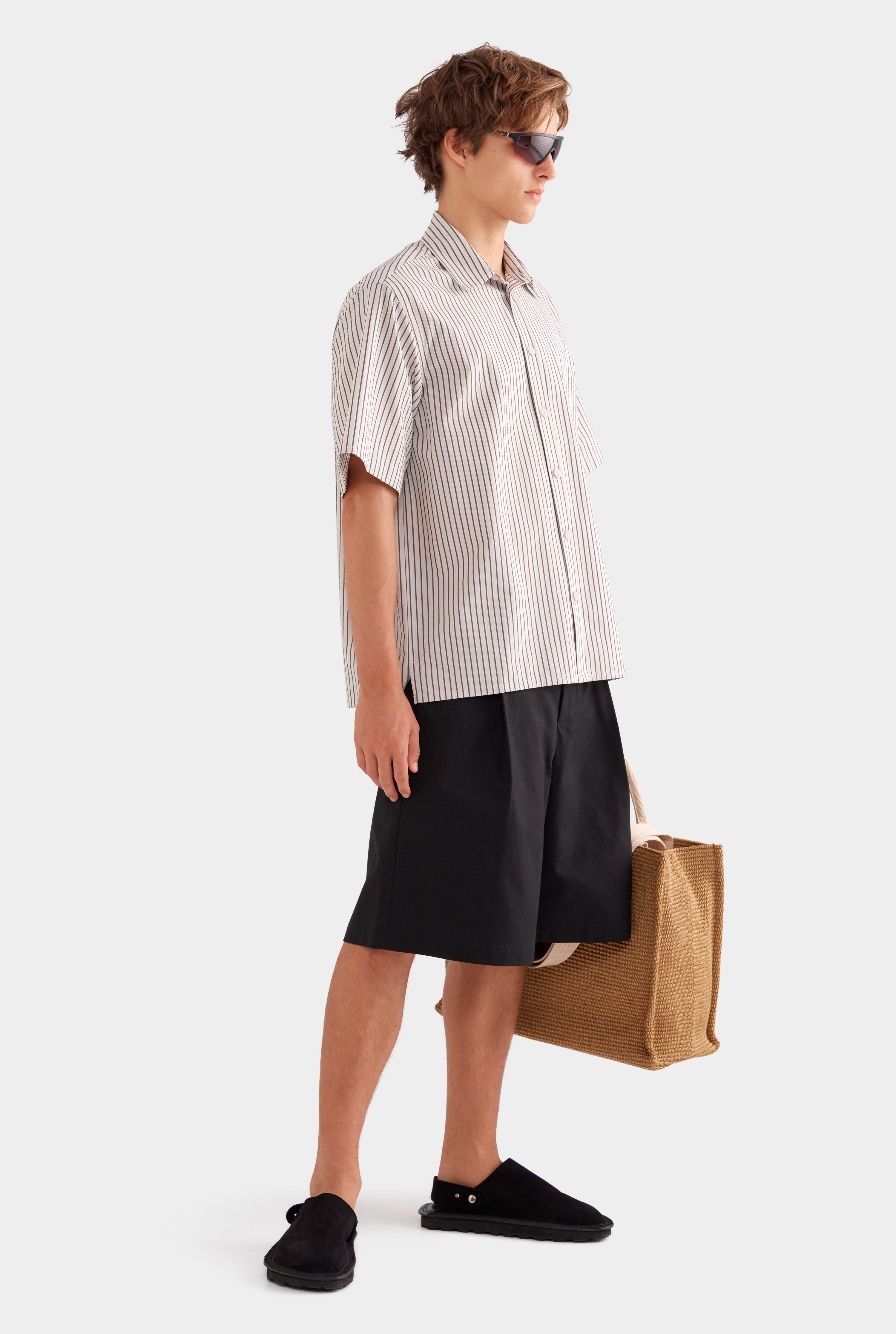 Oversized Cotton Seersucker Short Sleeve Shirt - Brown/Off White Stripe