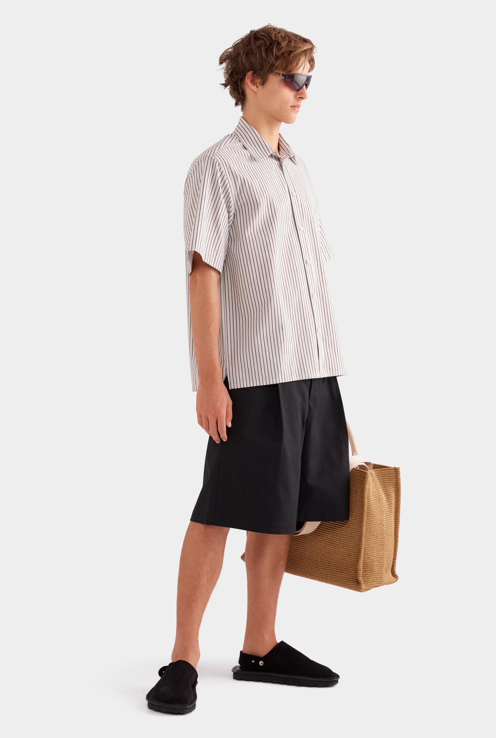 Oversized Cotton Seersucker Short Sleeve Shirt - Brown/Off White Stripe