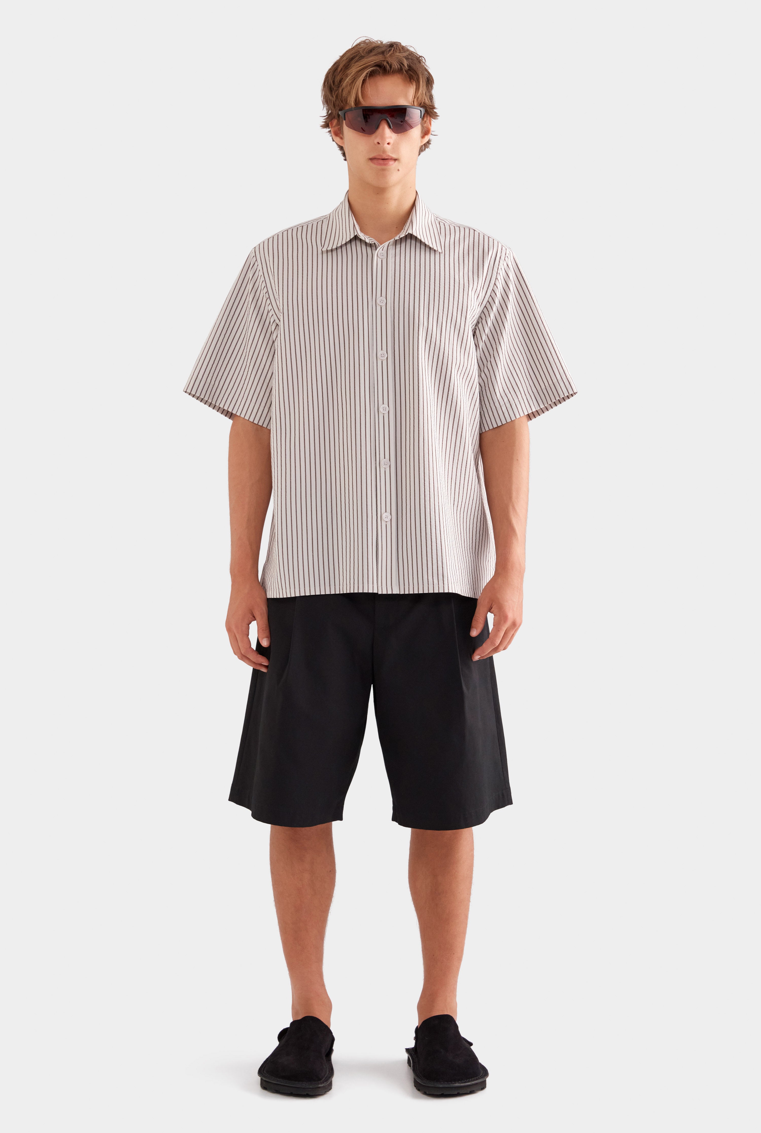 Oversized Cotton Seersucker Short Sleeve Shirt - Brown/Off White Stripe