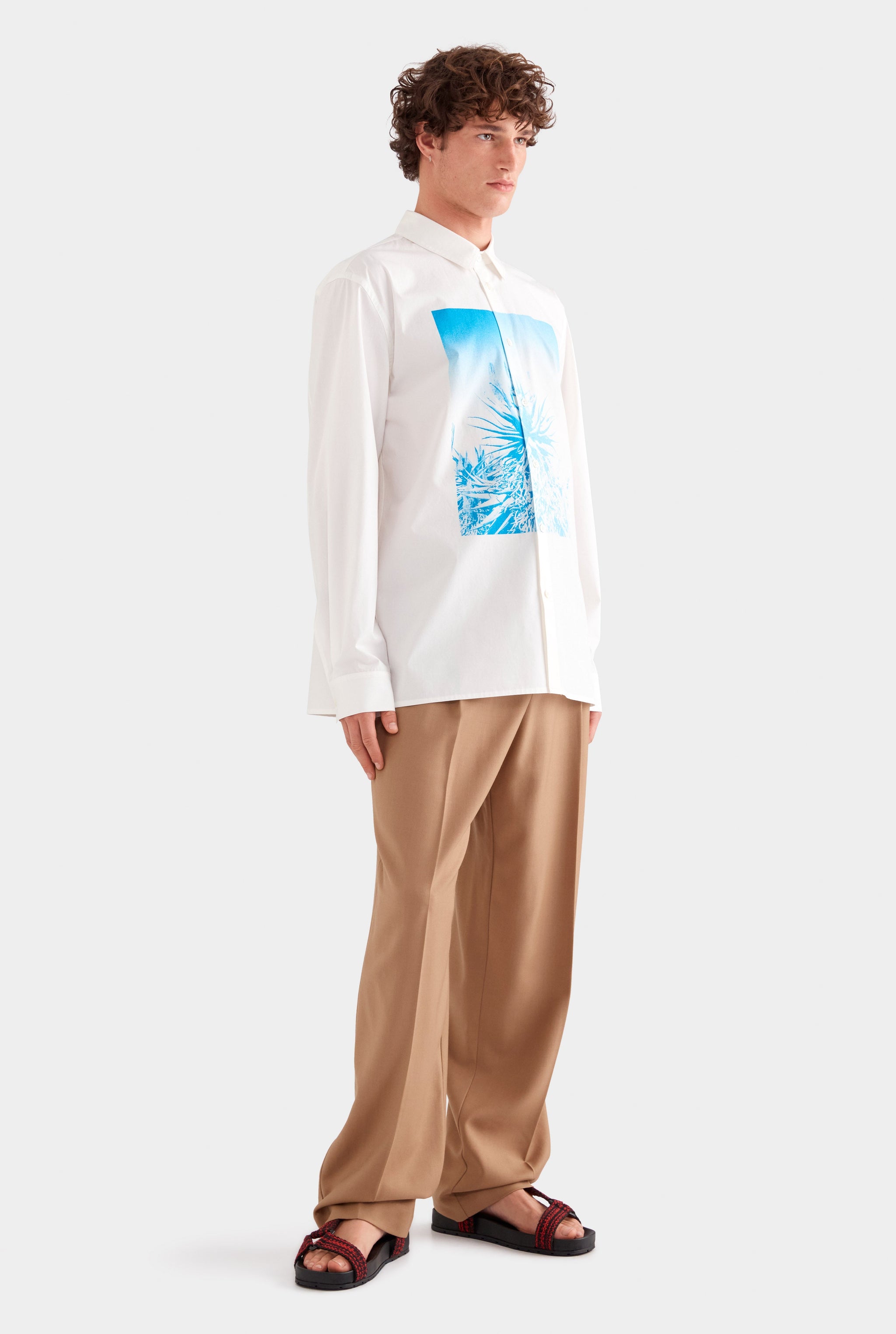 Printed Oversized Cotton Long Sleeve Shirt - White/Cactus Print Negative
