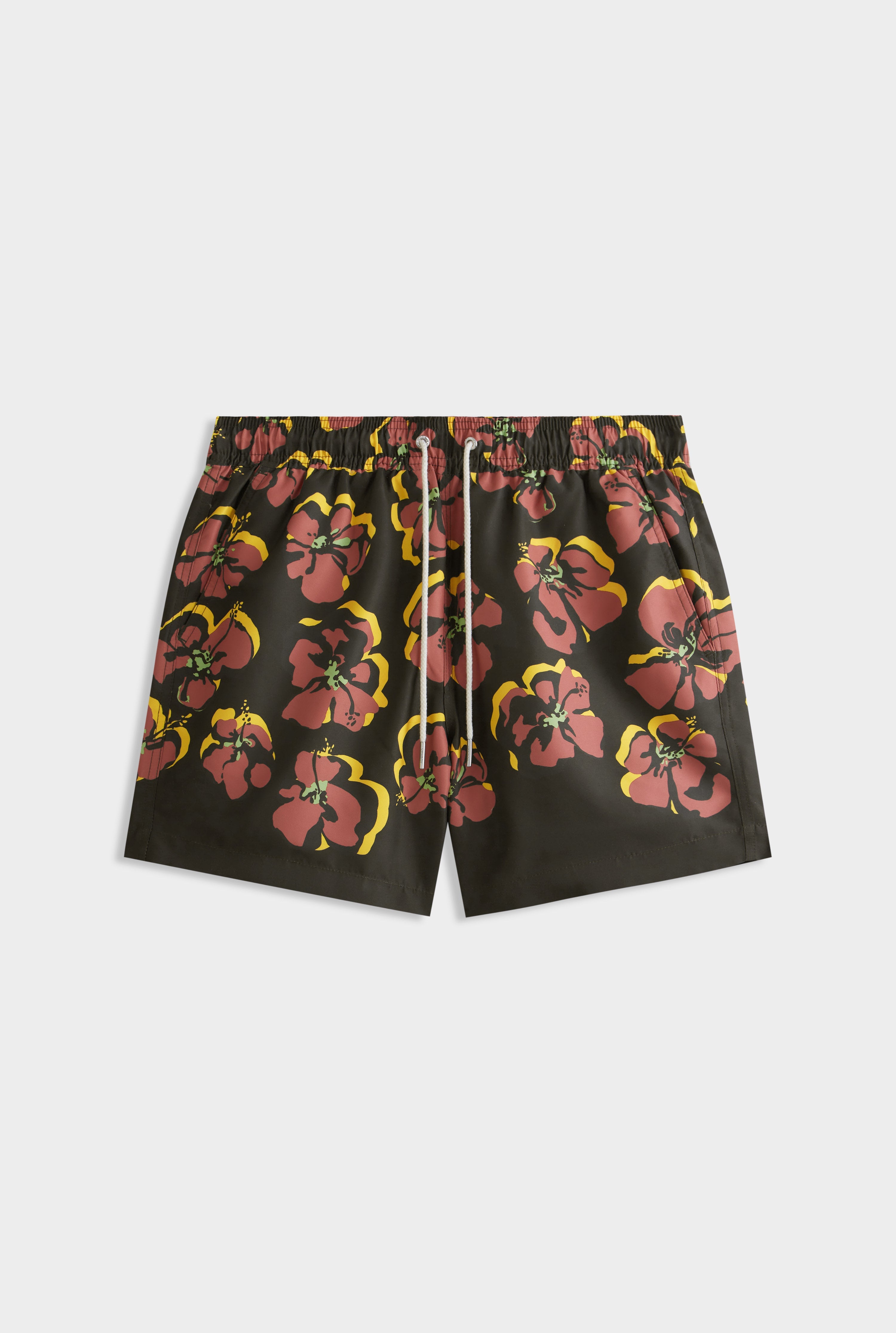 Printed Swim Short - Black/Maroon Hibiscus