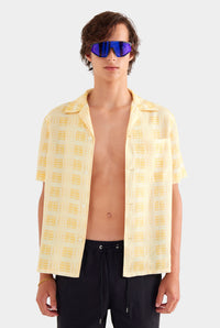 Printed Short Sleeve Linen Camp Collar Shirt - Yellow Painted Check