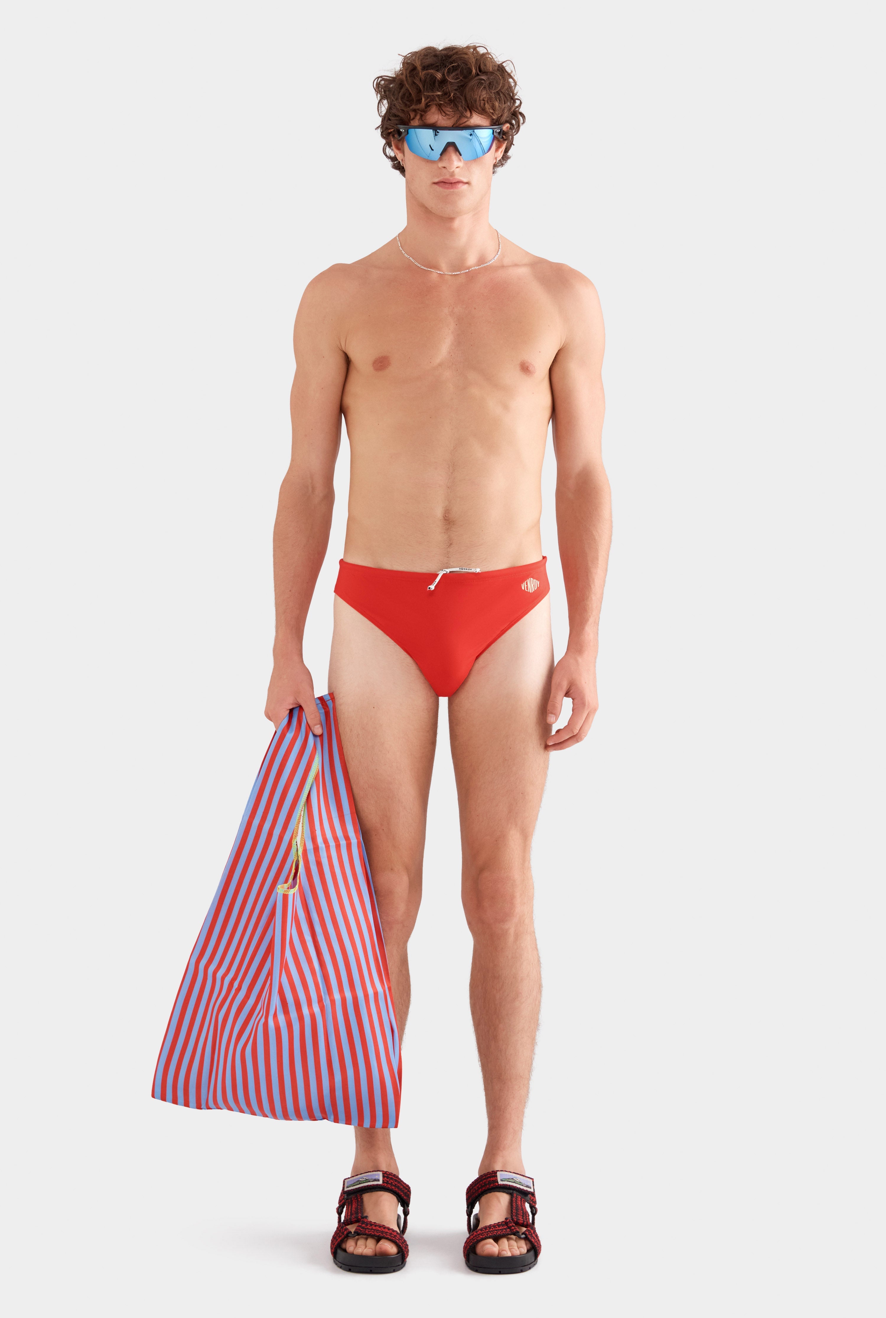 Que Lindo Logo Swim Brief - Red/Dusty Yellow Que Lindo