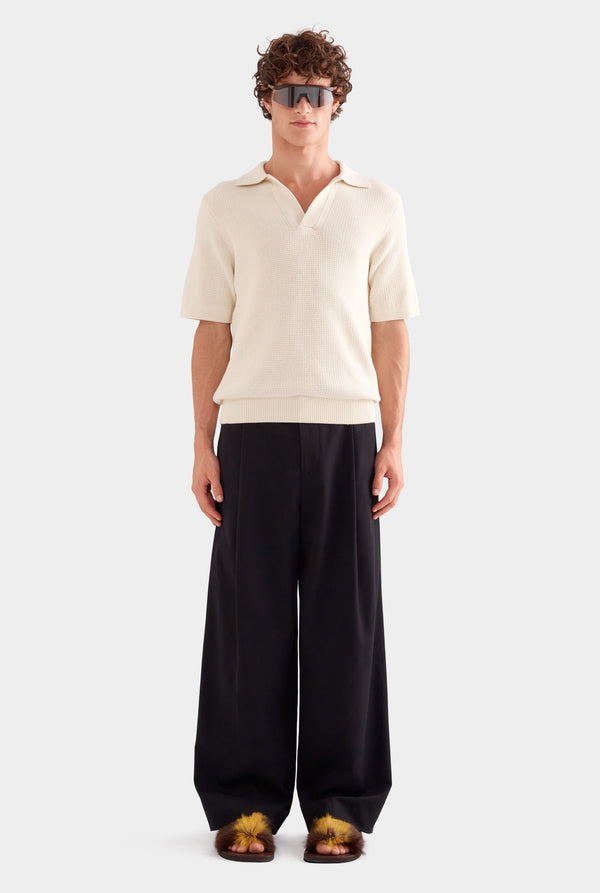 Relaxed Cotton Knit Open Neck Polo - Cream