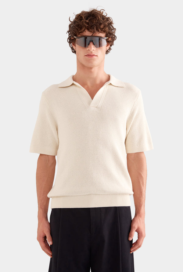 Relaxed Cotton Knit Open Neck Polo - Cream