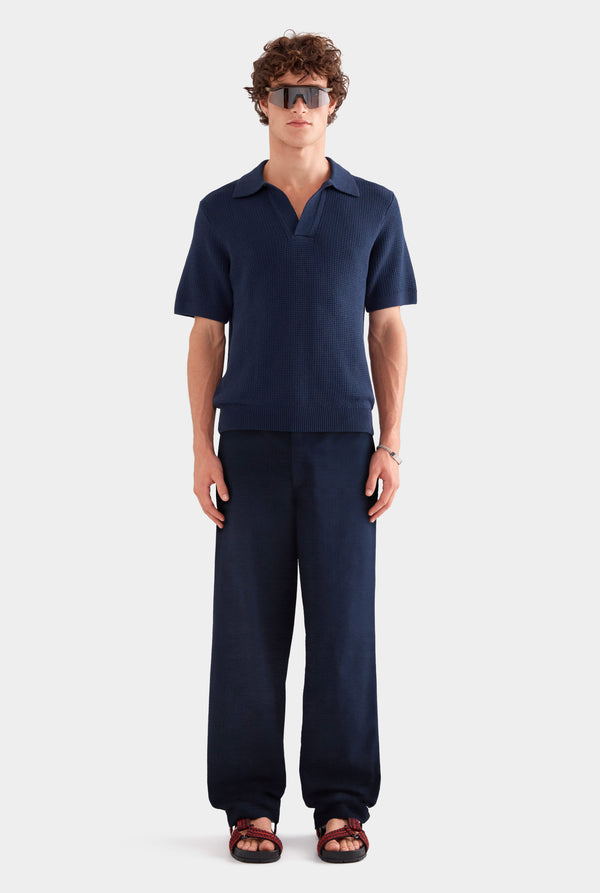 Relaxed Cotton Knit Open Neck Polo - Navy