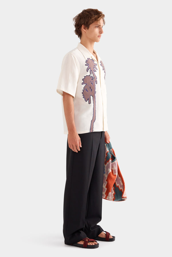 Relaxed Silk Linen Short Sleeve Shirt - Natural White/Cactus Stamp Applique