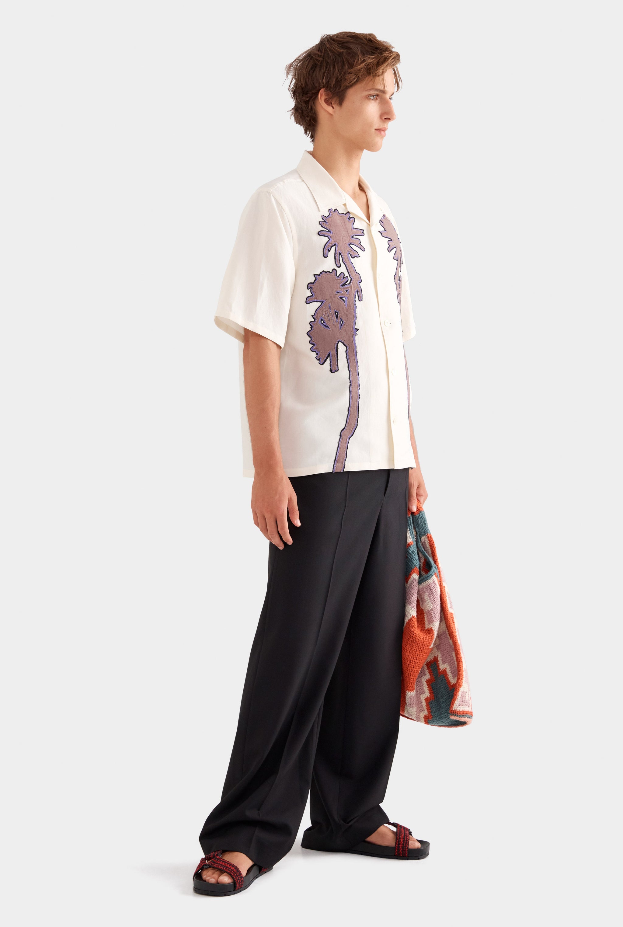 Relaxed Silk Linen Short Sleeve Shirt - Natural White/Cactus Stamp Applique