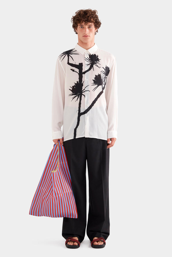 Relaxed Silk Long Sleeve Shirt - White/Cactus Stamp