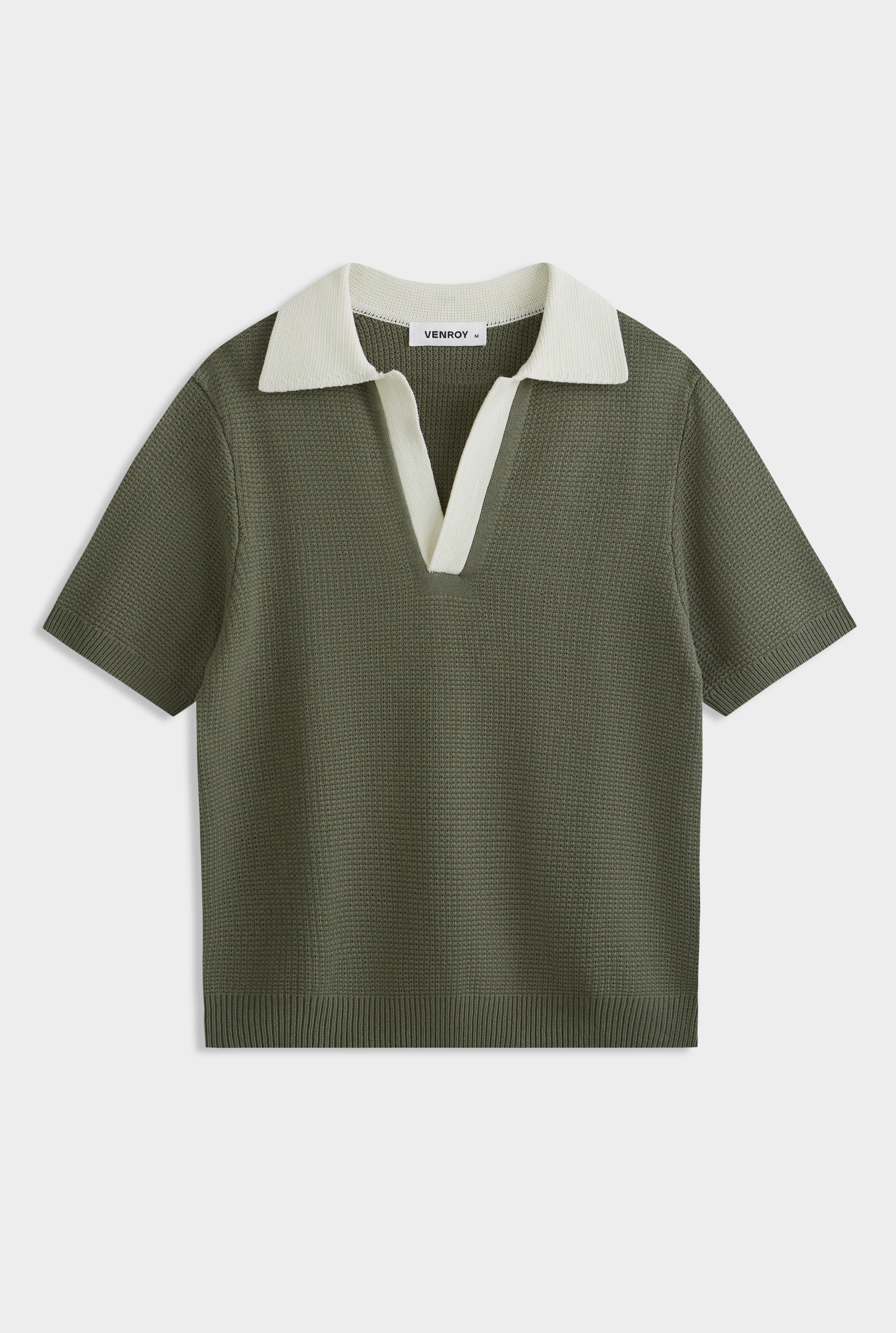 Relaxed Cotton Knit Open Neck Polo - Smokey Olive/Cream