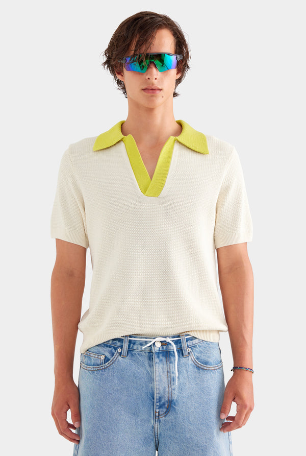 Relaxed Cotton Knit Open Neck Polo - Cream/Dijon