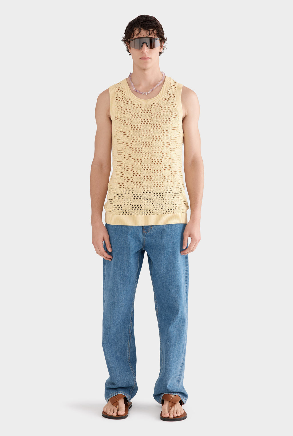 Cotton Crochet Check Tank - Butter