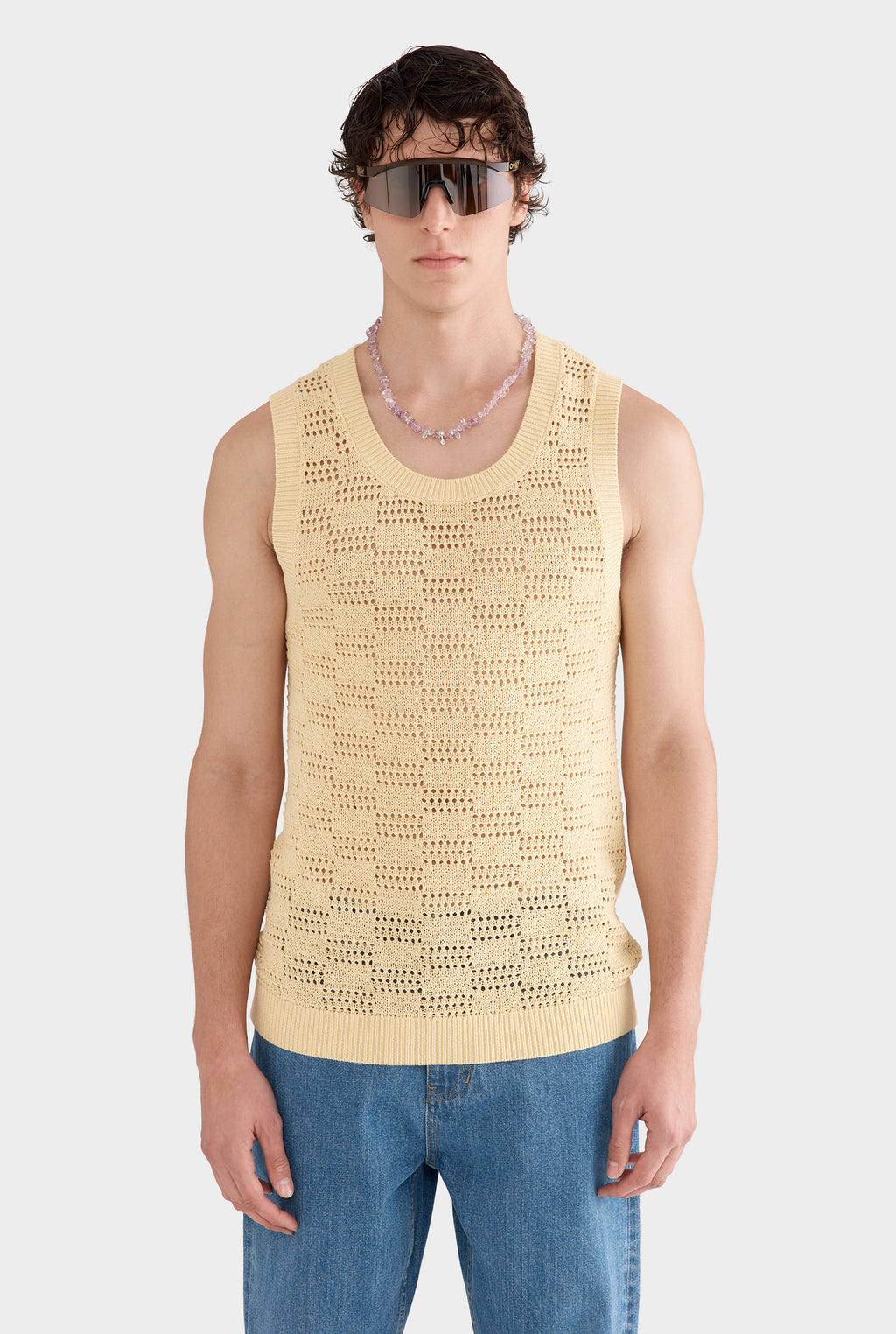 Cotton Crochet Check Tank - Butter