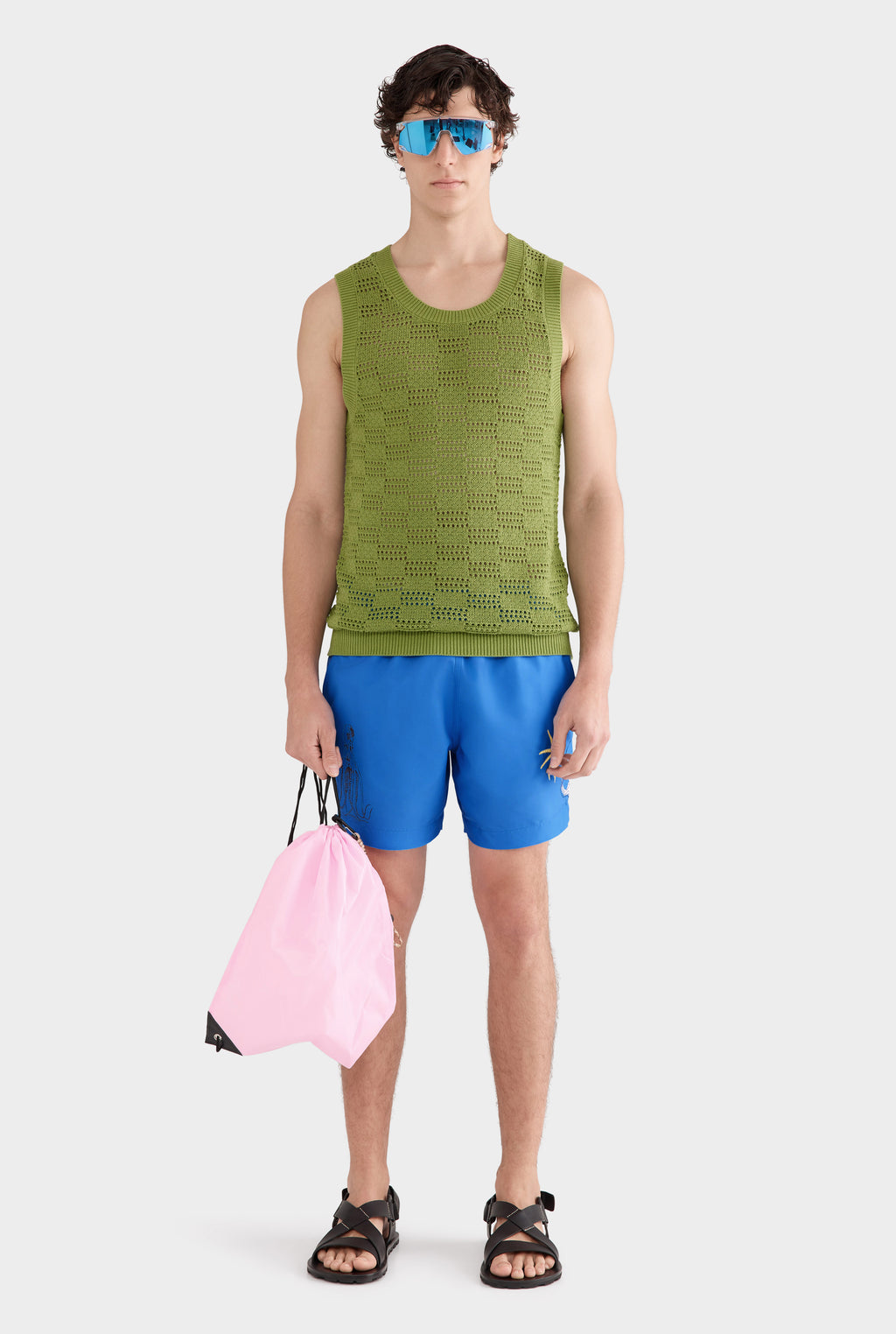 Cotton Crochet Check Tank - Kelp Green