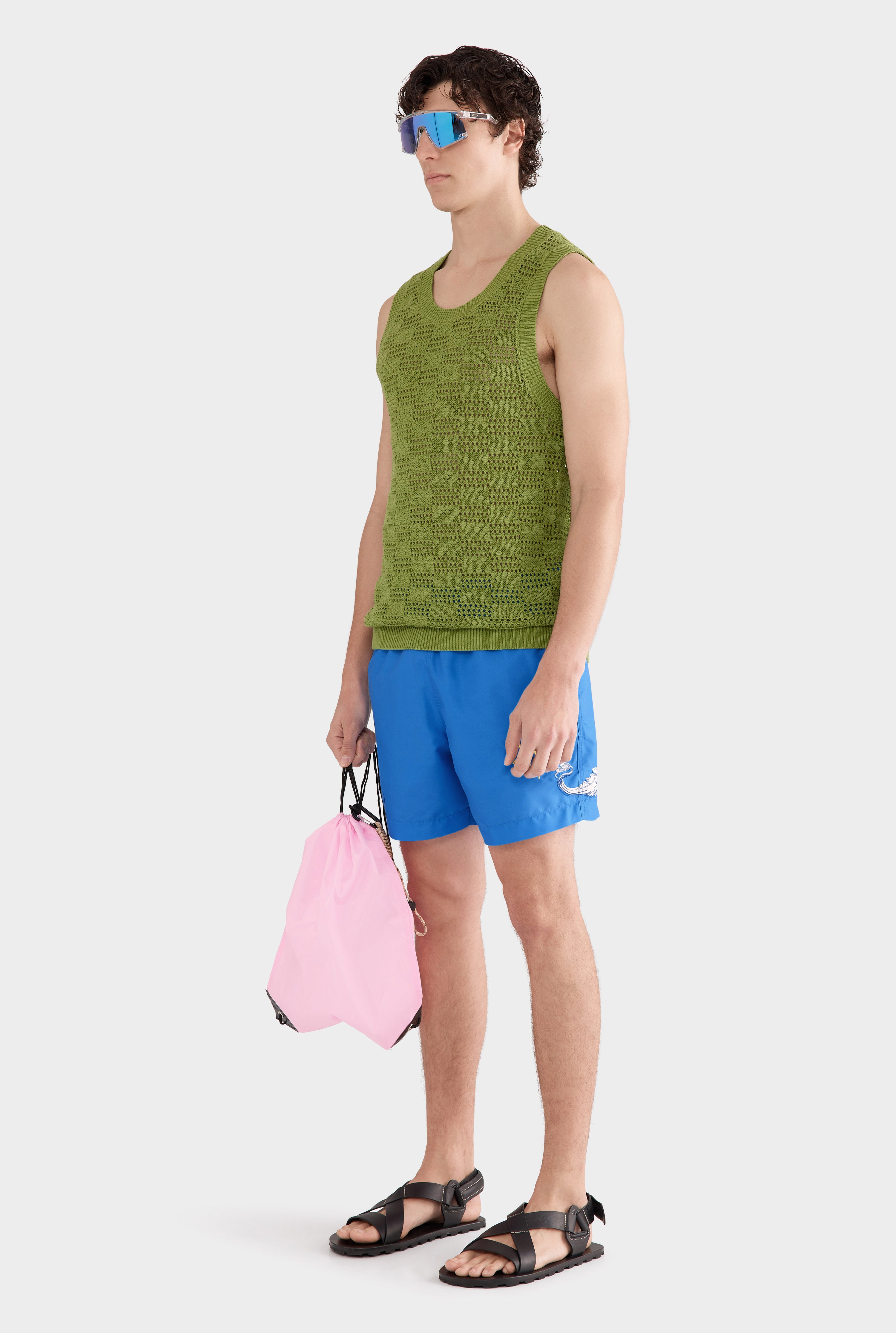 Cotton Crochet Check Tank - Kelp Green
