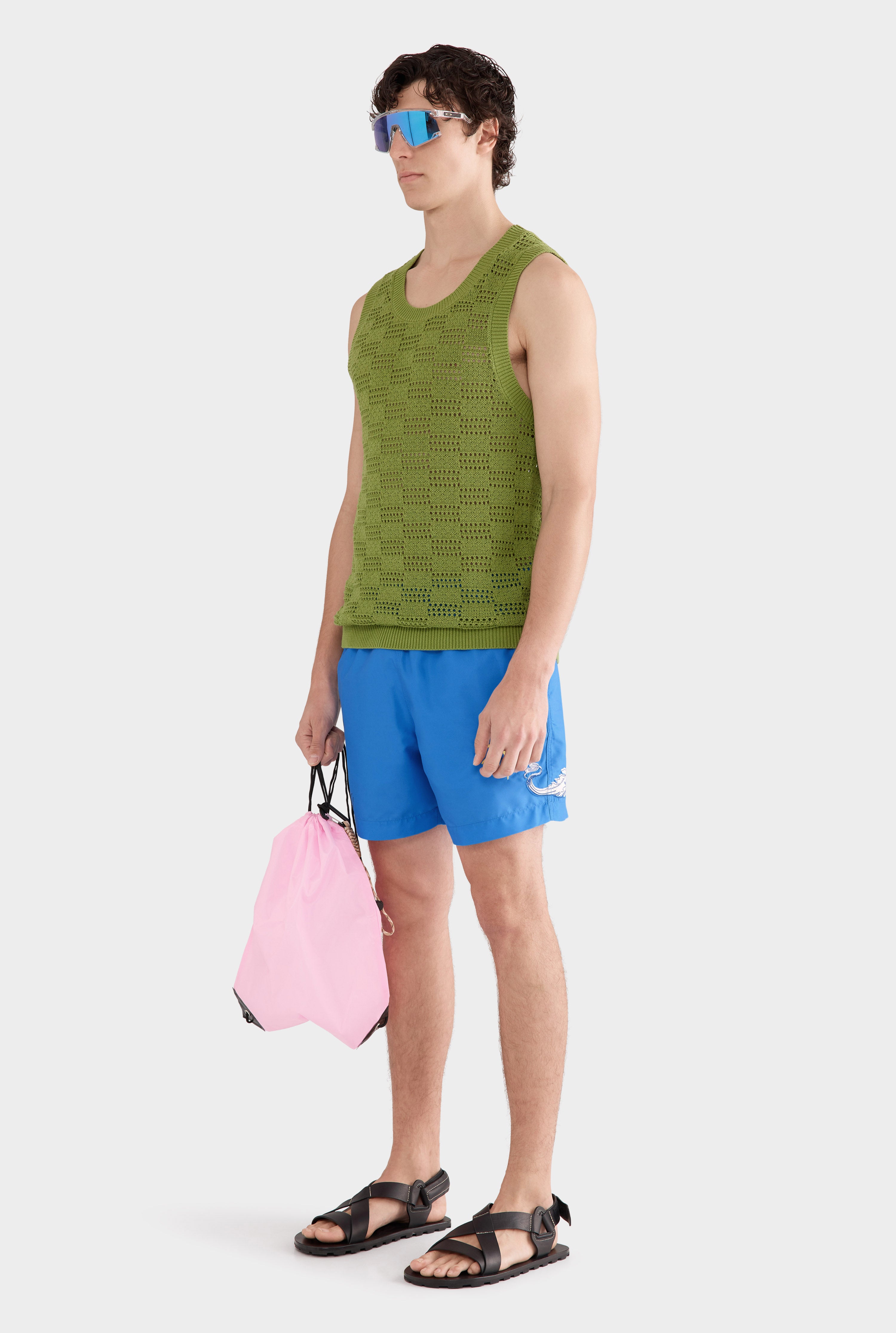 Cotton Crochet Check Tank - Kelp Green