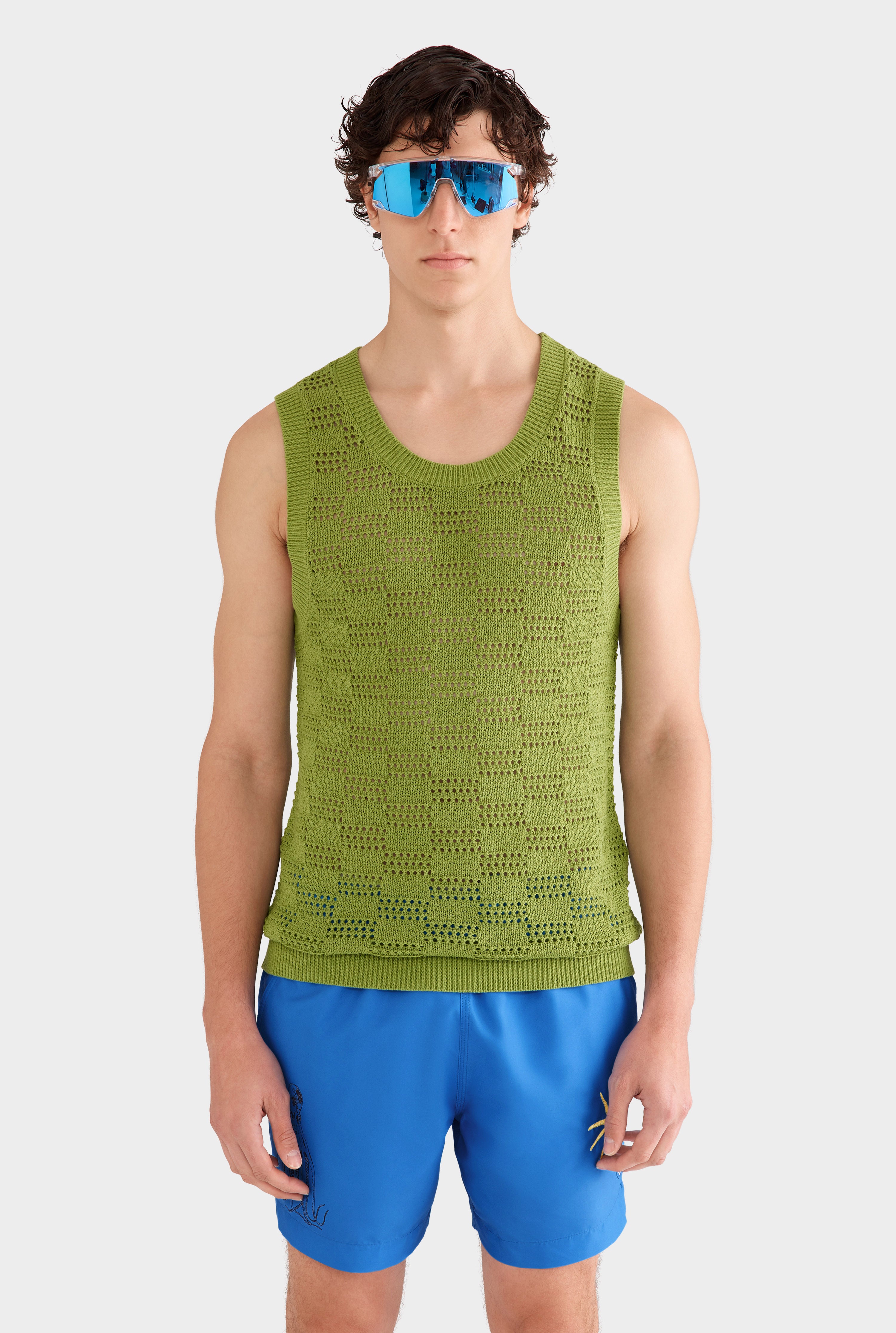 Cotton Crochet Check Tank - Kelp Green