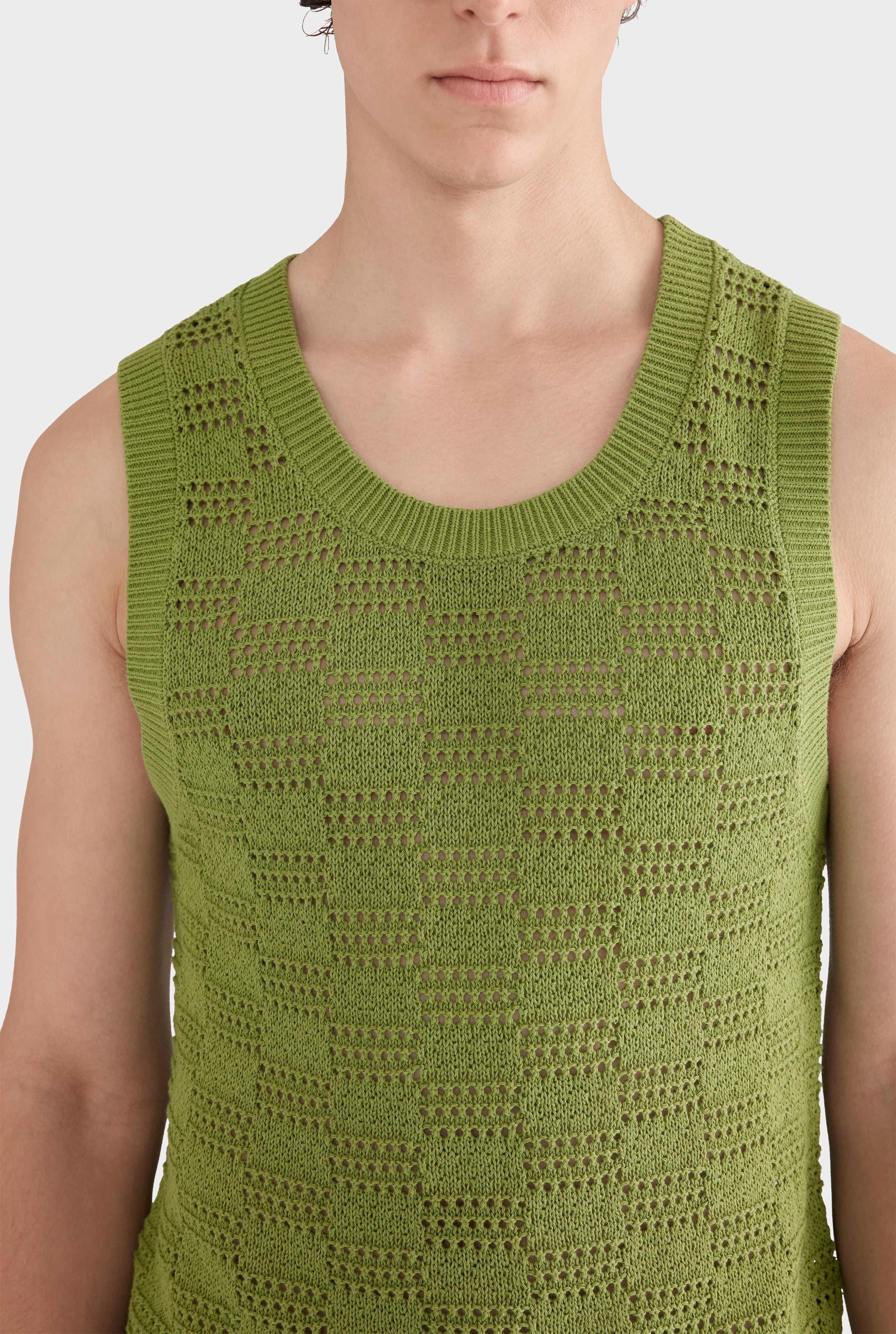 Cotton Crochet Check Tank - Kelp Green