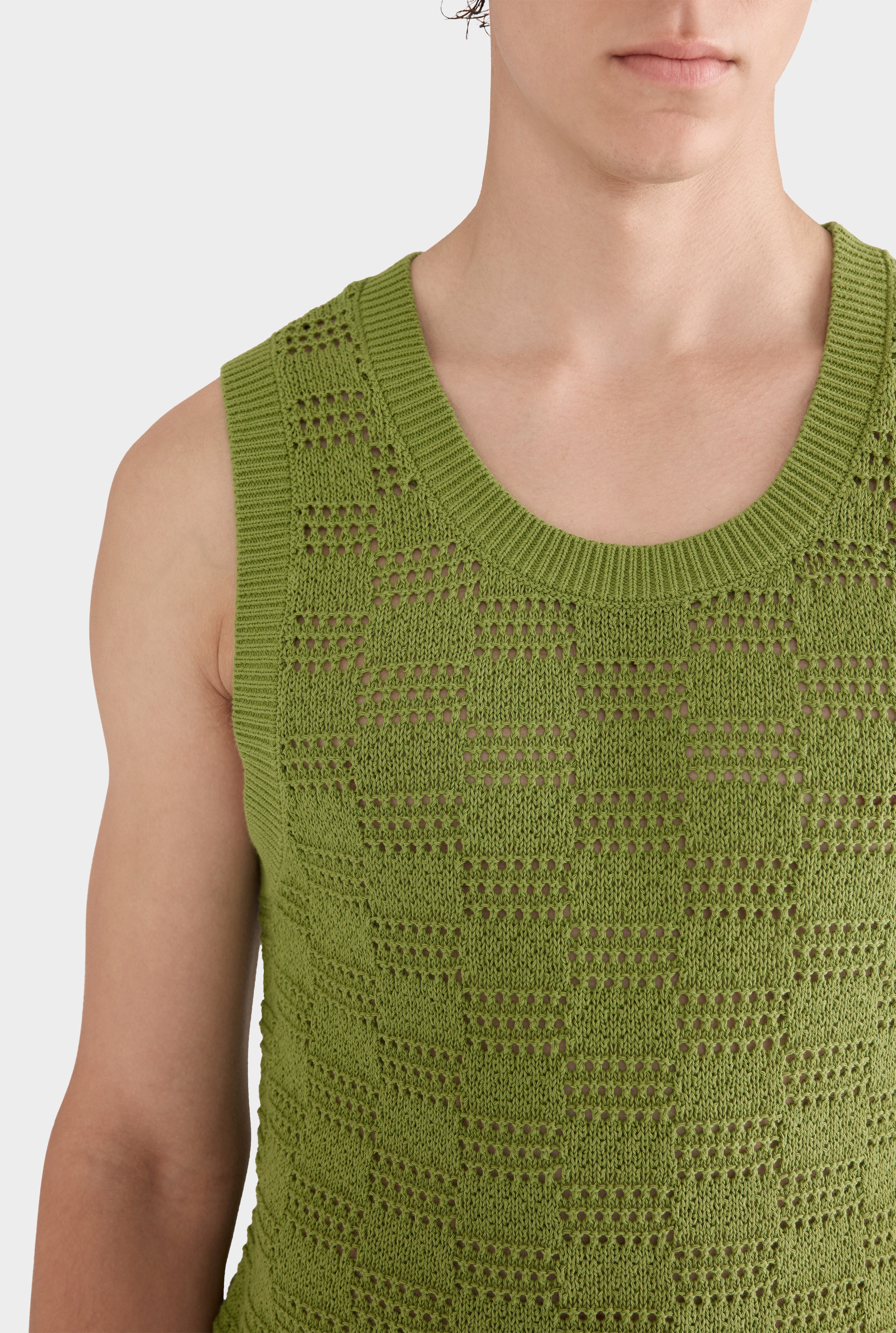 Cotton Crochet Check Tank - Kelp Green