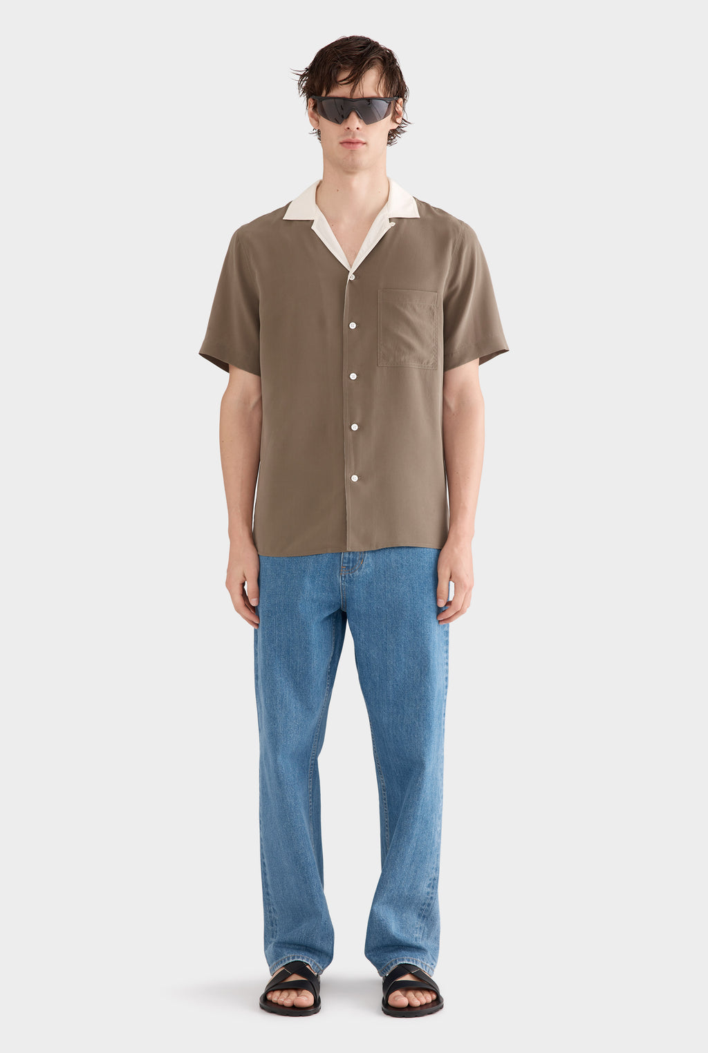 Flat Hem Short Sleeve Silk Camp Collar Shirt - Olive/Cream