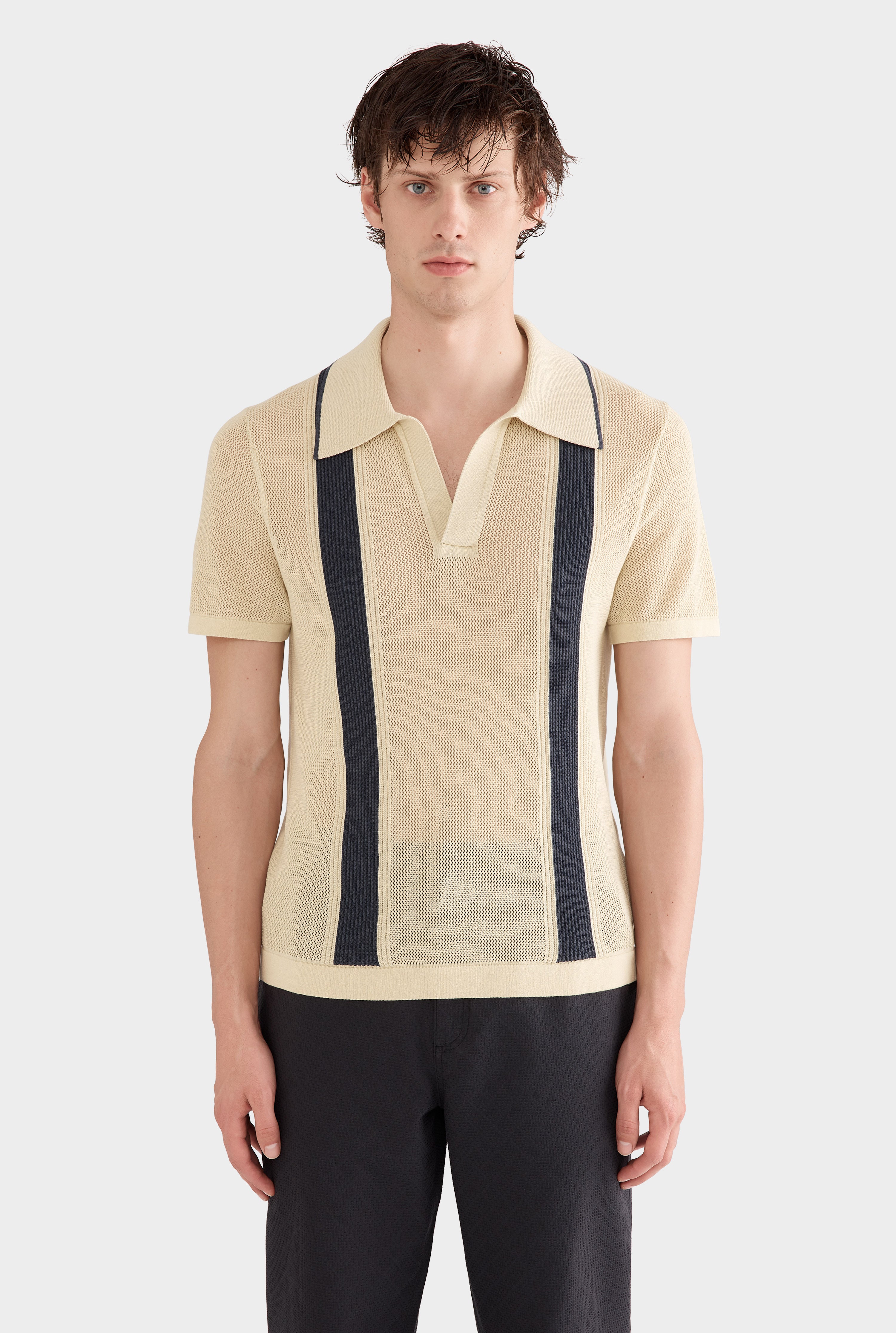Knitted Cotton Pique Open Neck Polo - Green Haze/Stormy Blue