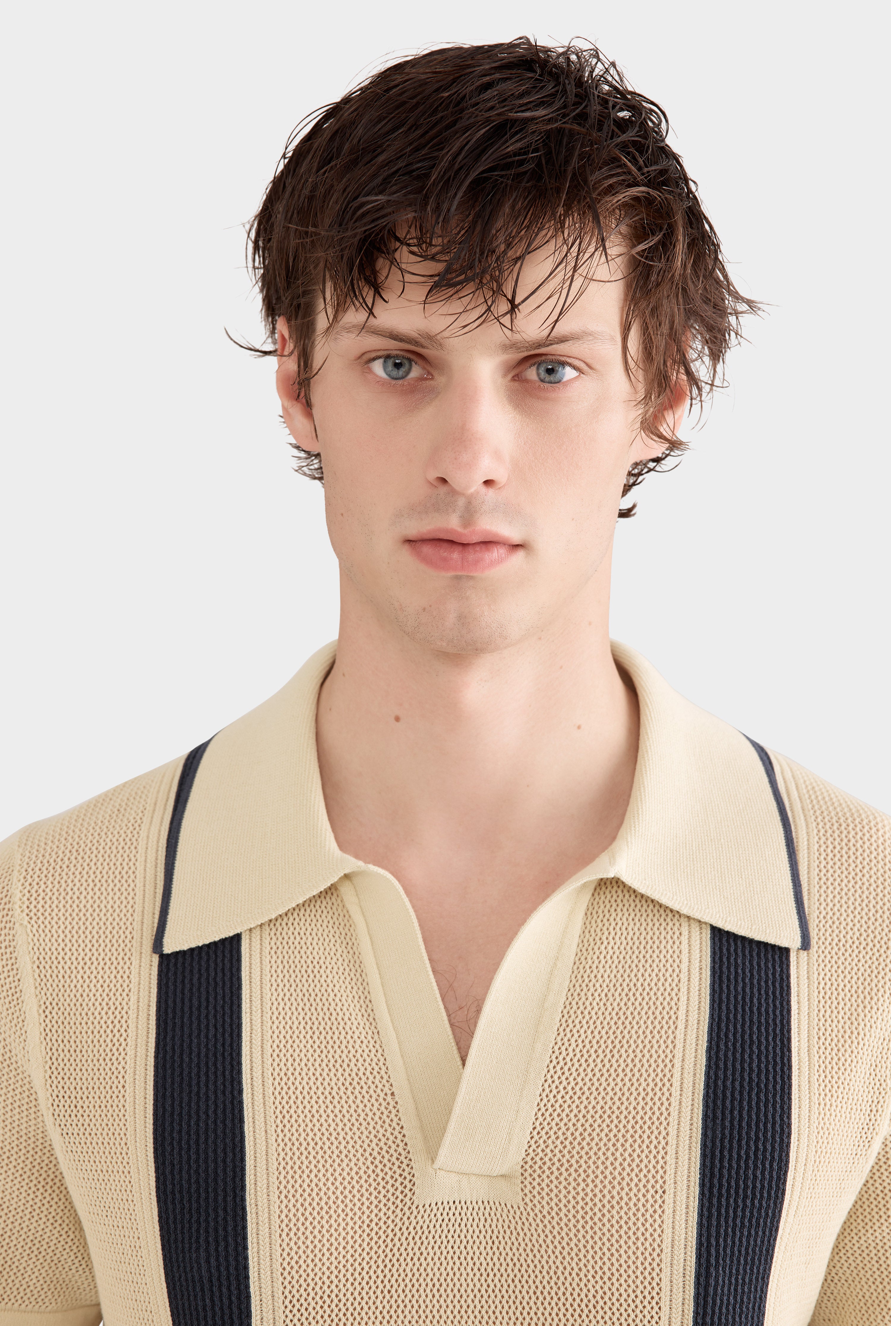 Knitted Cotton Pique Open Neck Polo - Green Haze/Stormy Blue