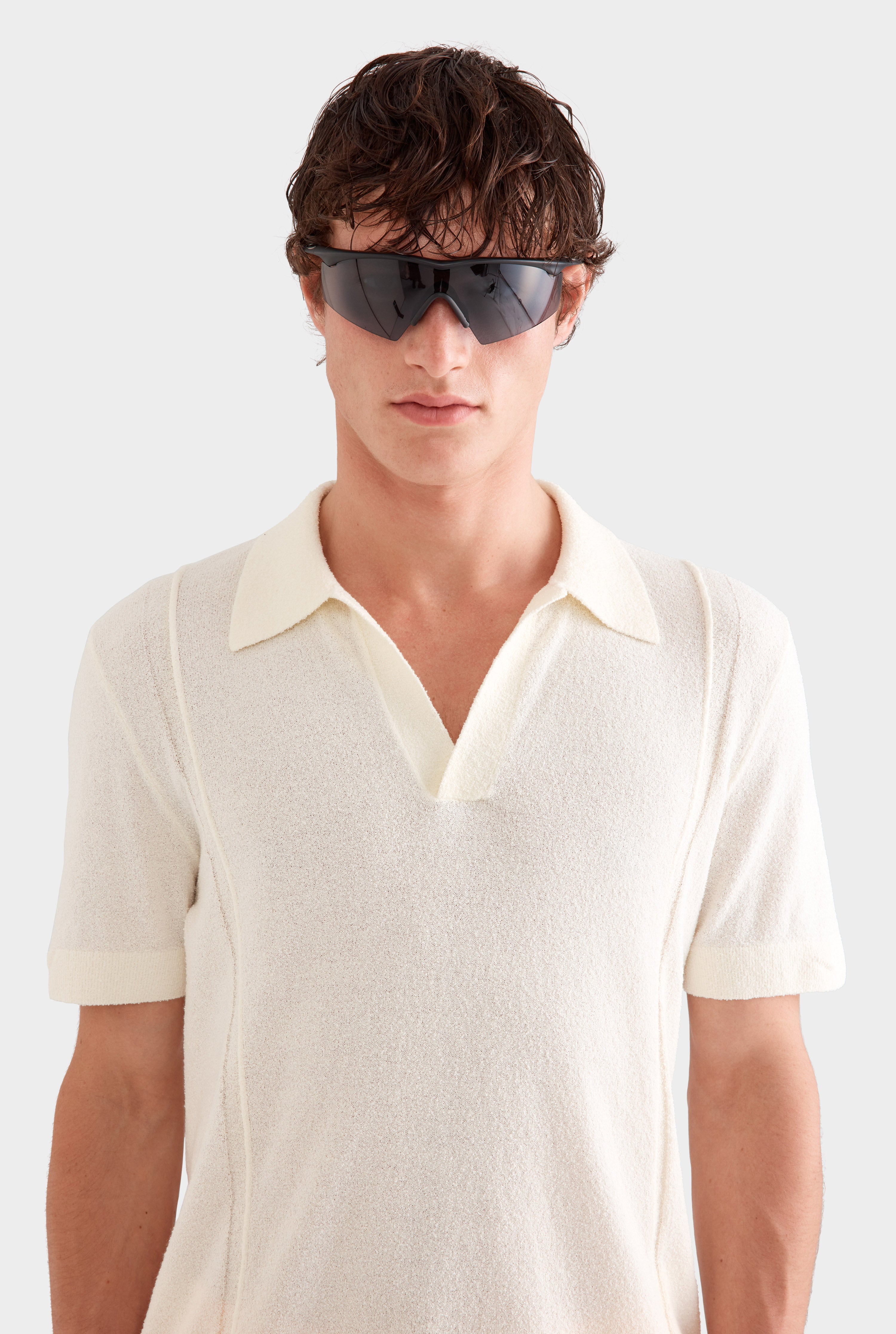 Boucle Stitch Detail Knit Polo - Cream