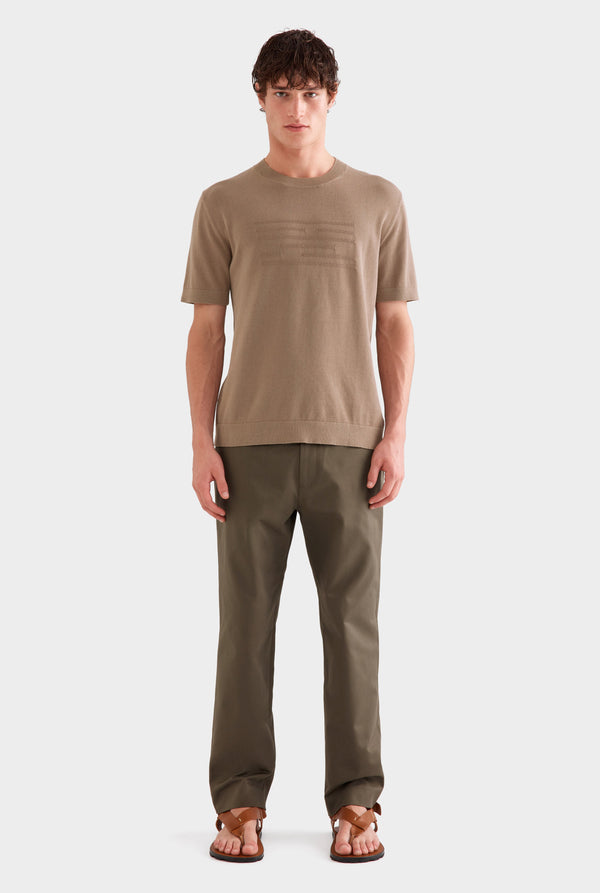 Contrast Stripe Cotton Knit T-Shirt - Pebble