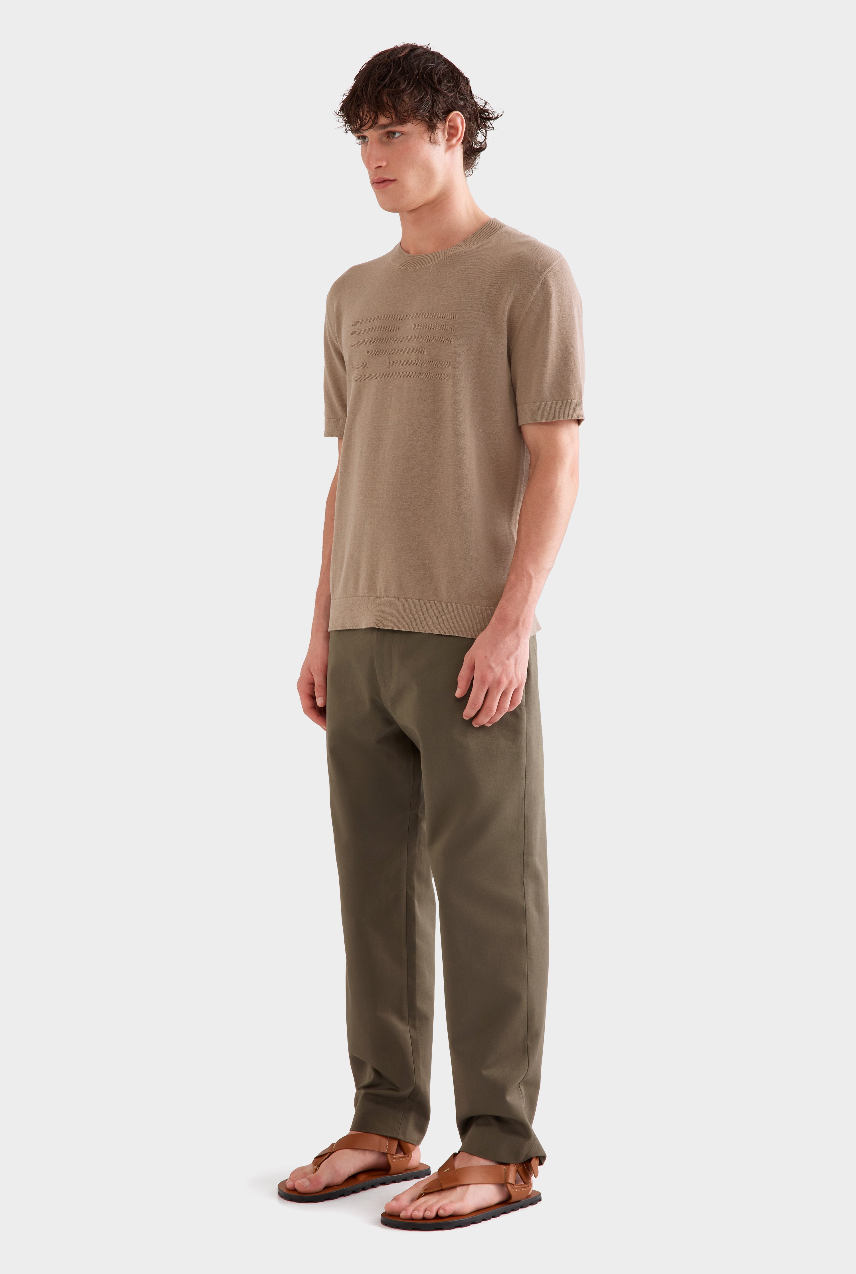 Contrast Stripe Cotton Knit T-Shirt - Pebble