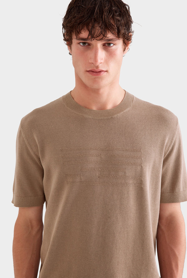 Contrast Stripe Cotton Knit T-Shirt - Pebble