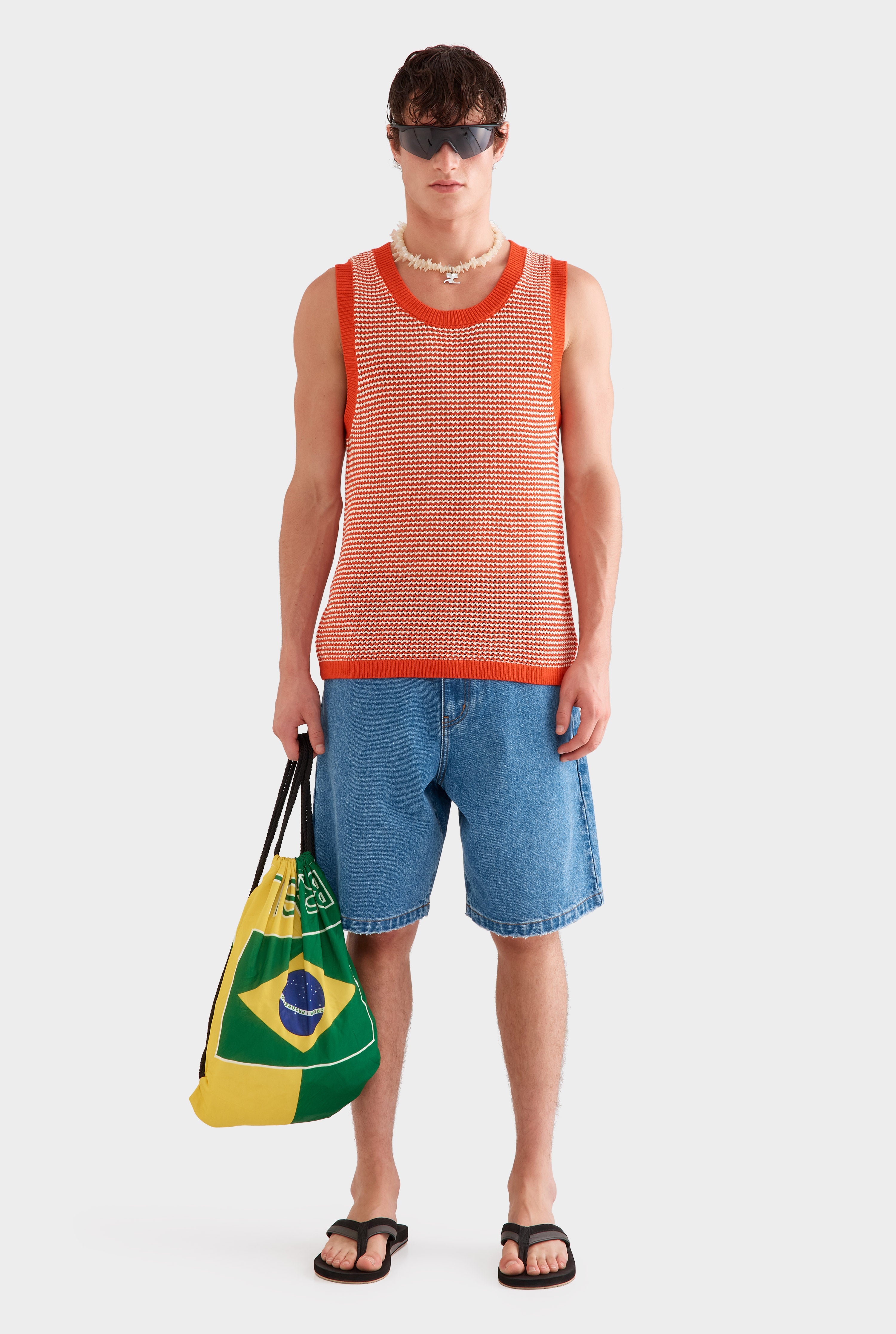 Cotton Crochet Tank - Bright Red/Off White