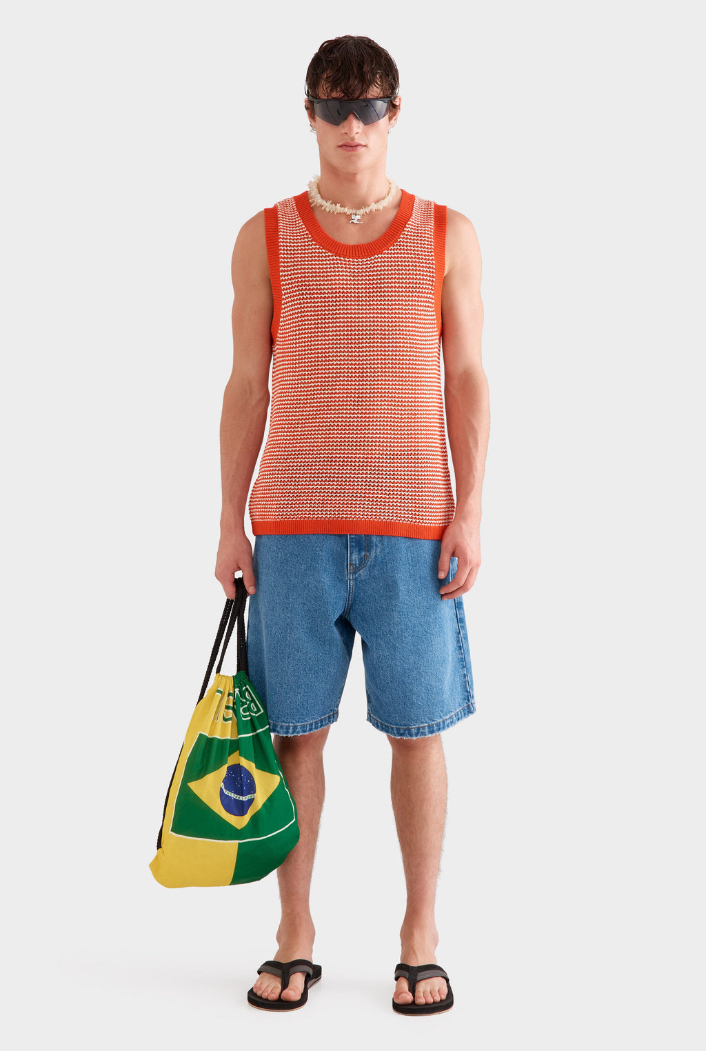 Cotton Crochet Tank - Bright Red/Off White