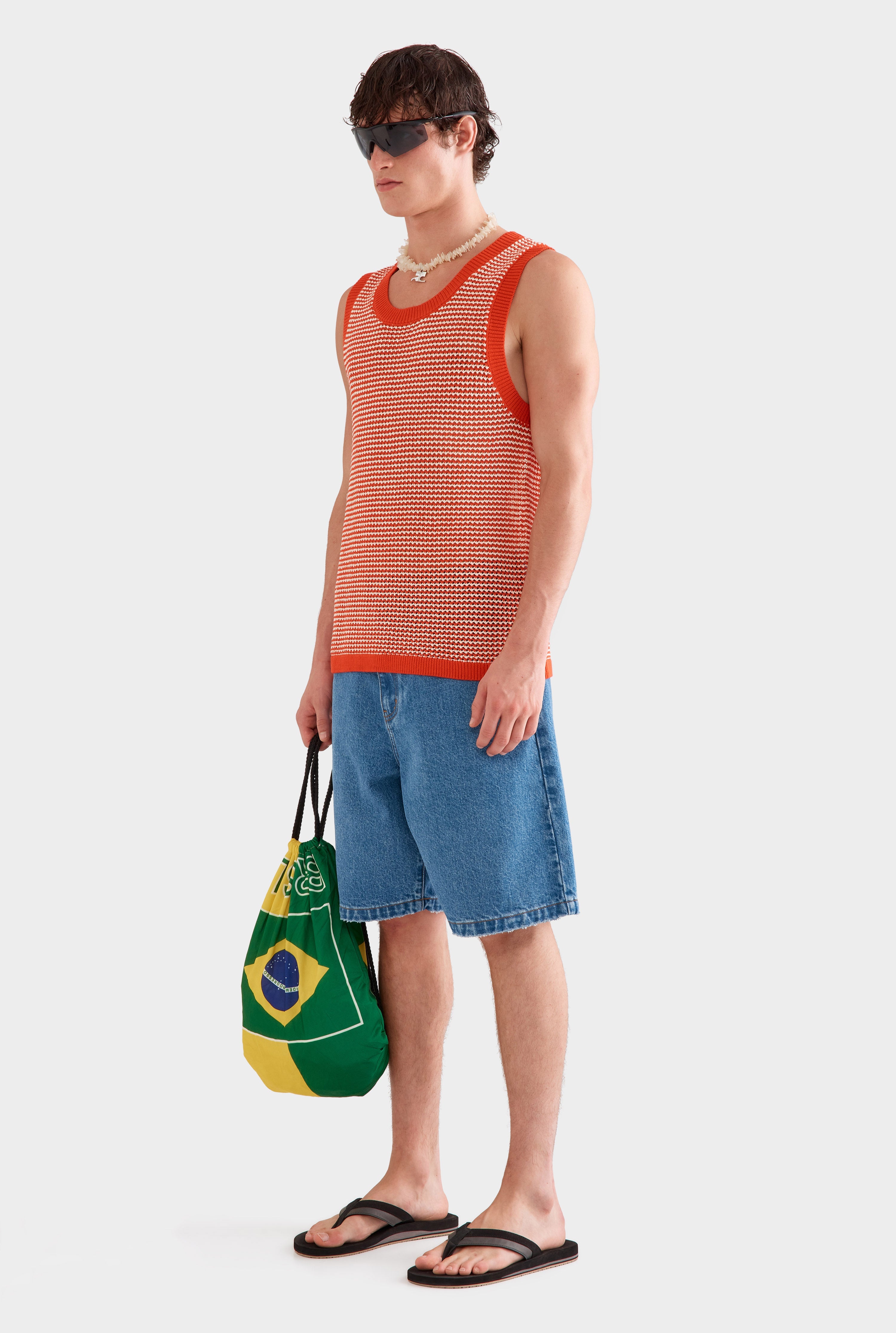 Cotton Crochet Tank - Bright Red/Off White