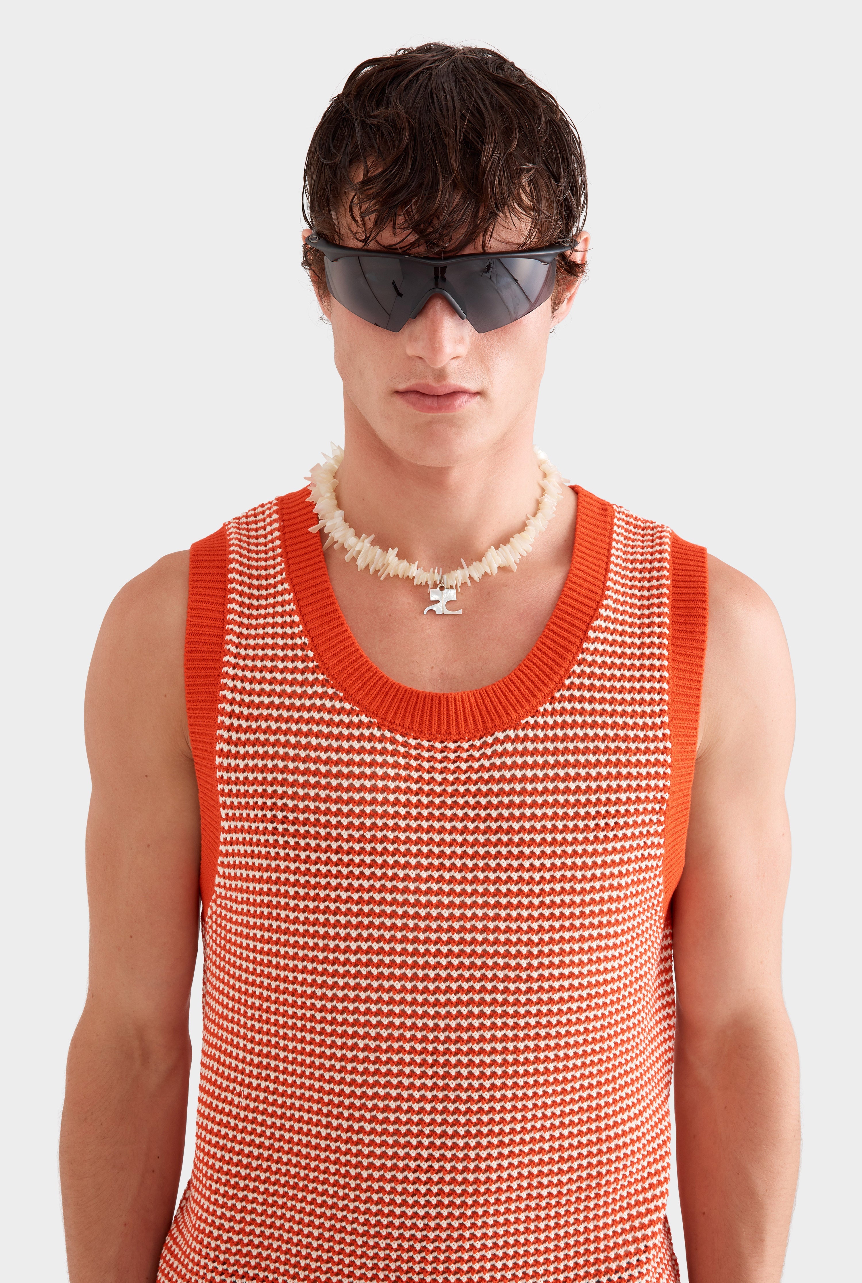 Cotton Crochet Tank - Bright Red/Off White