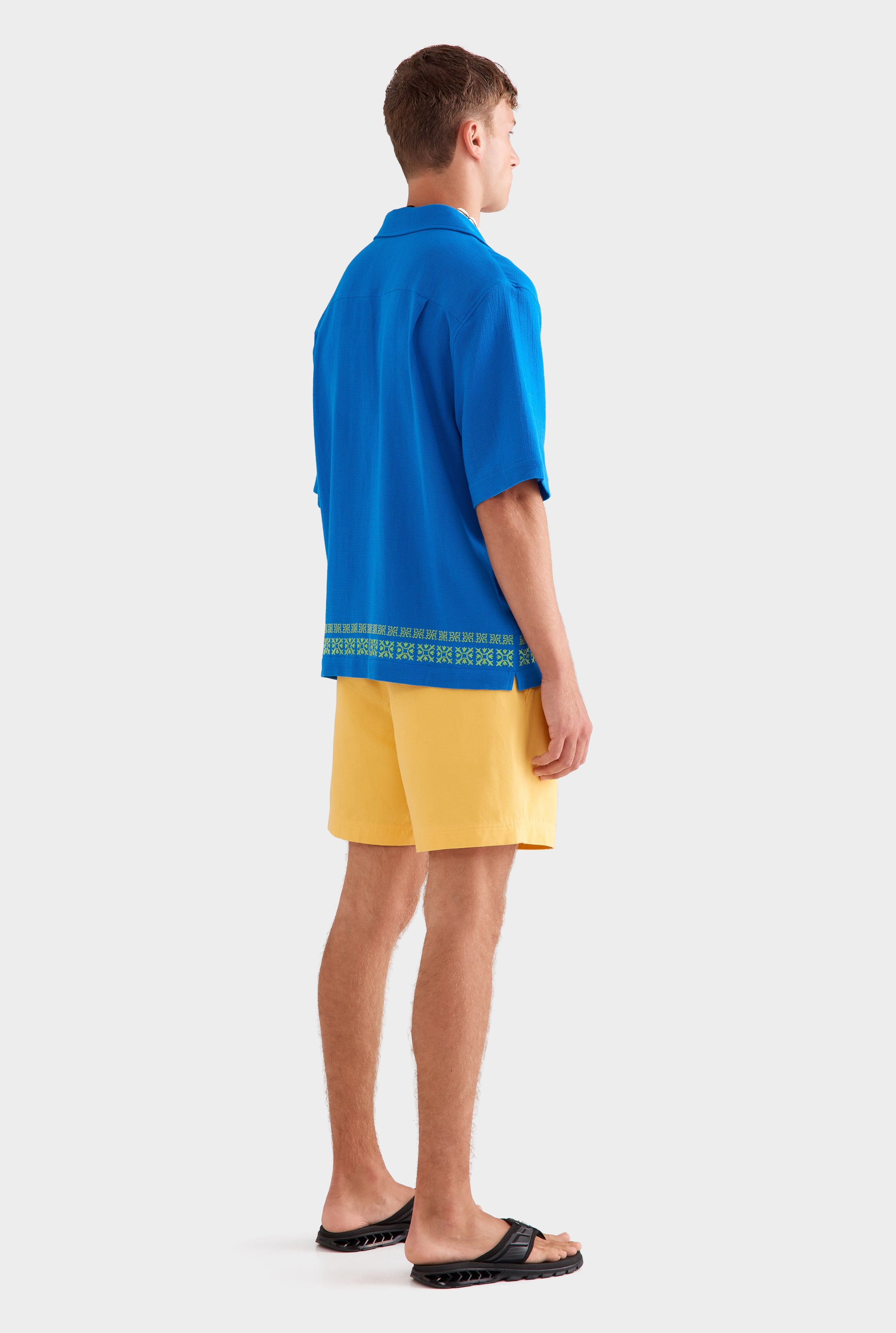 Embroidered Cotton Mesh Boxy Camp Collar Shirt - Cobalt Blue