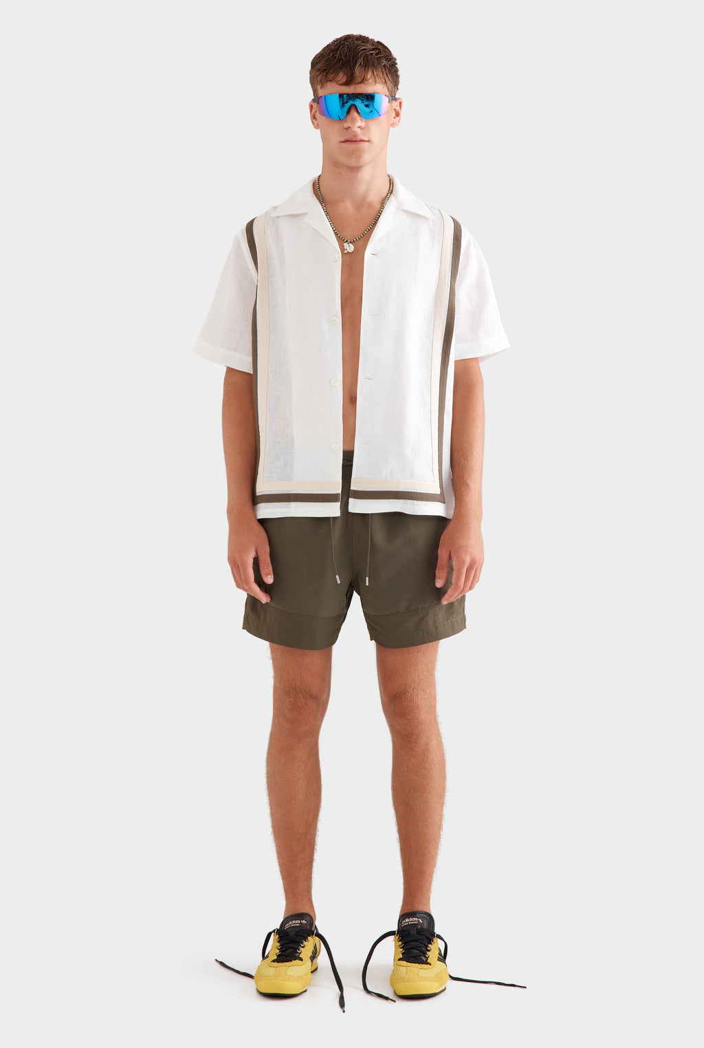 Crochet Border Short Sleeve Linen Camp Collar Shirt - White