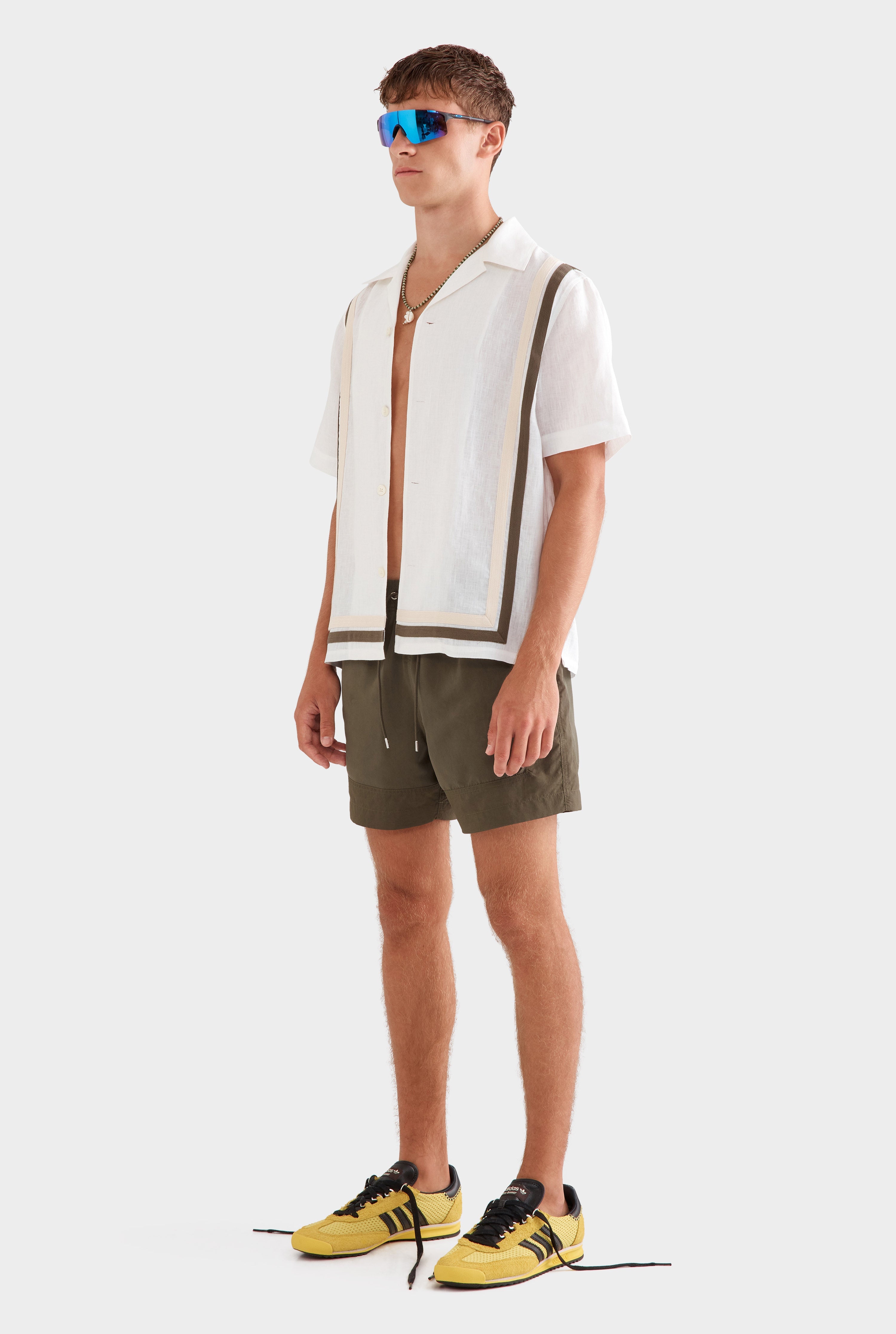 Crochet Border Short Sleeve Linen Camp Collar Shirt - White